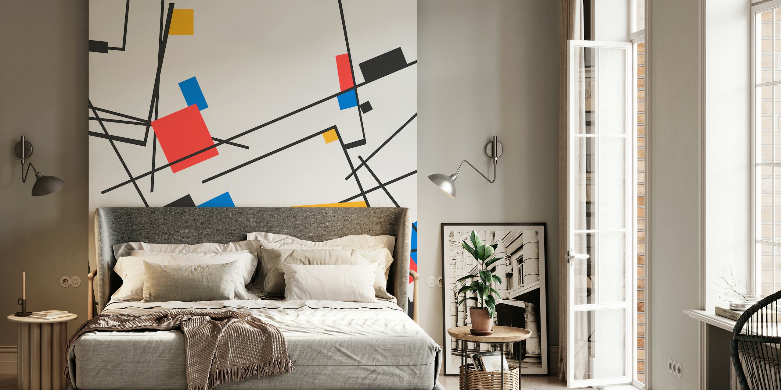 Carta da parati con forme geometriche astratte in nero, bianco, rosso, blu e giallo
