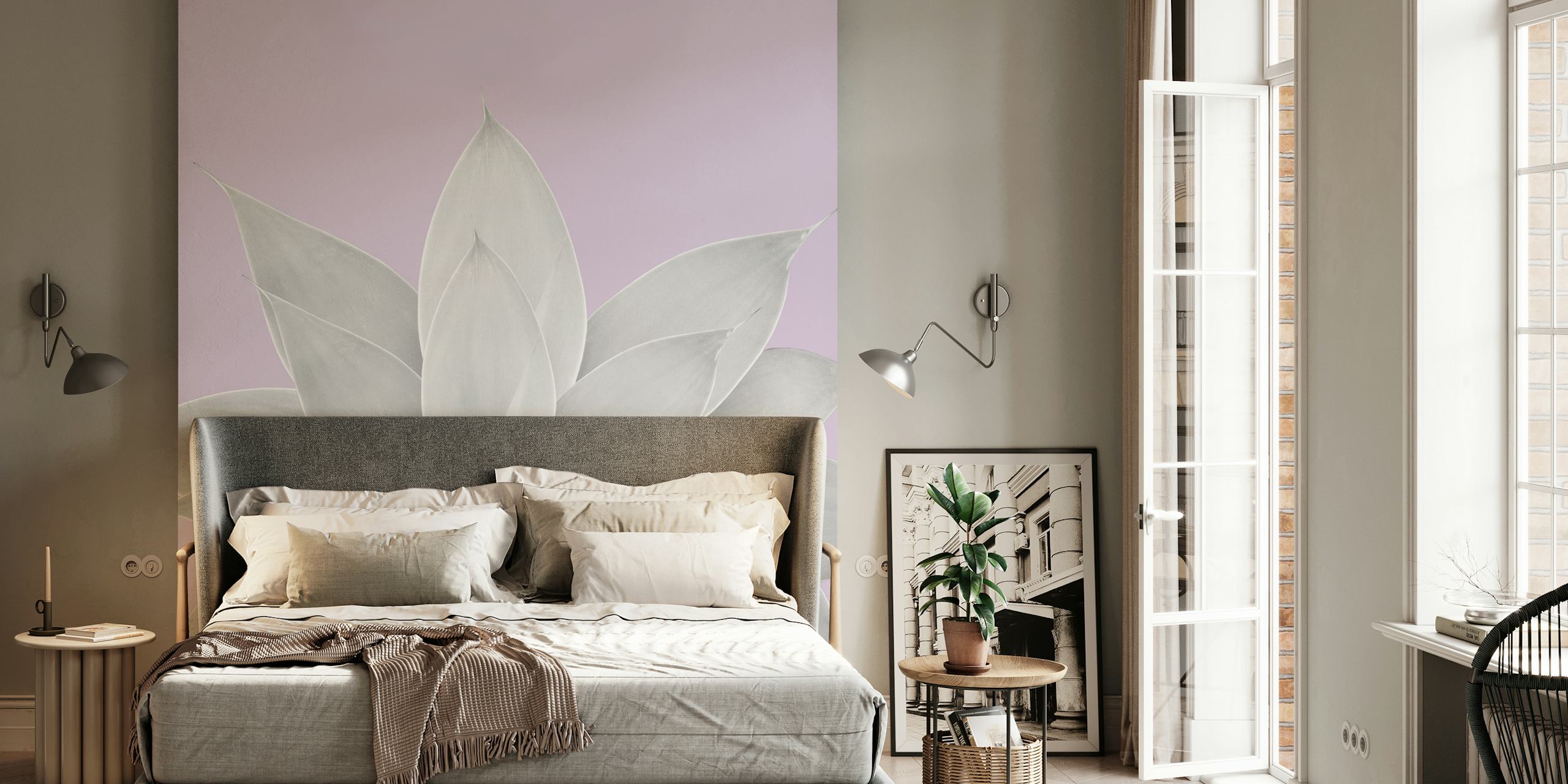 Grayscale agave plant illustration on pastel lavender background