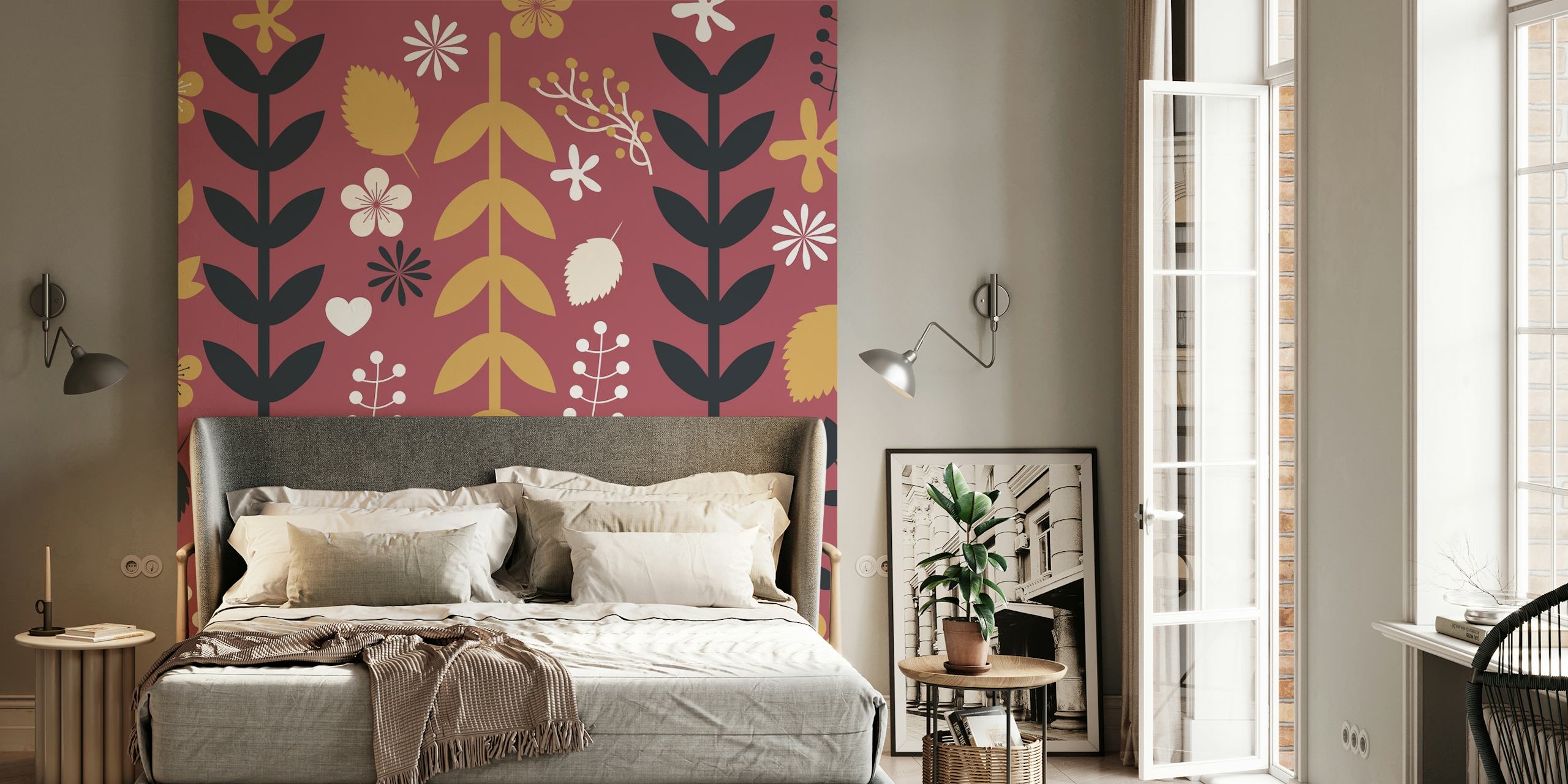 Abstract botanical patterned wall mural in wine, mustard, and black colors