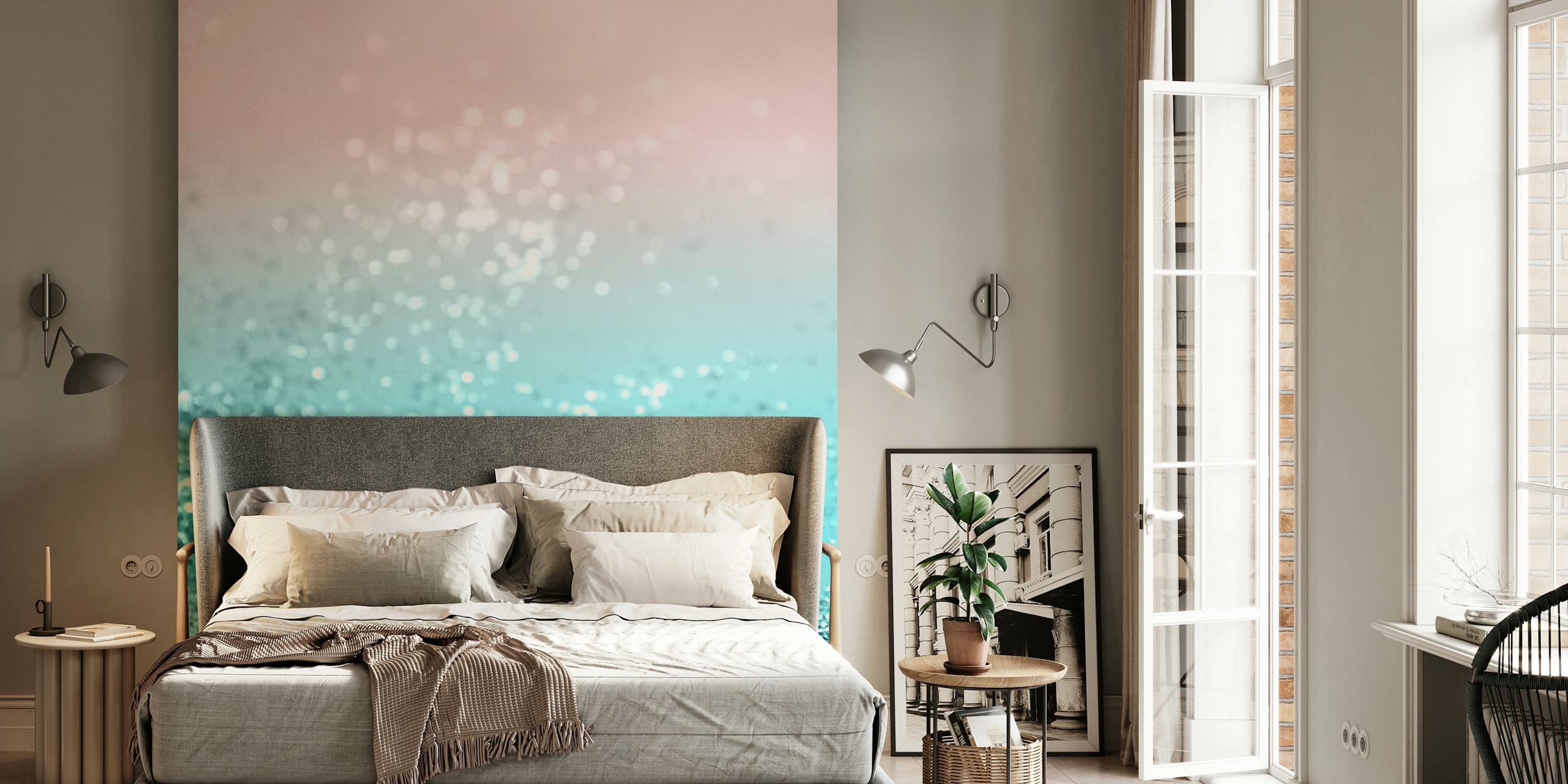 Papier peint dégradé aigue-marine à rose avec une texture pailletée rappelant un rivage d'été tropical.