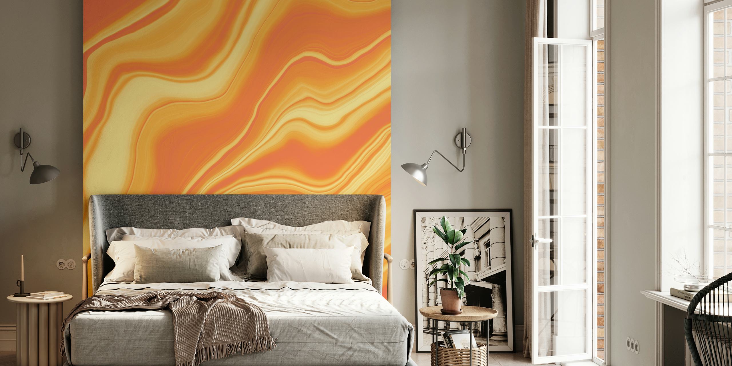 Liquid marble pattern in yellow and orange tones wallpaper