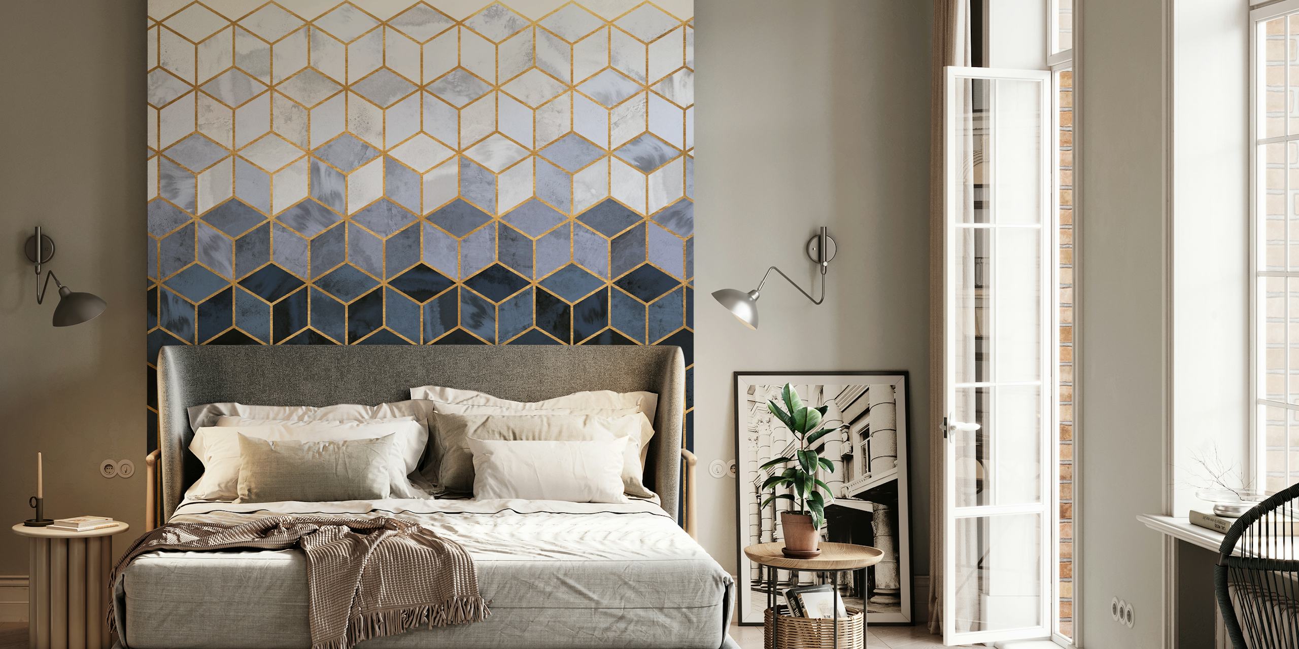 Dark Blue Gradient Cubes tapet i et rom