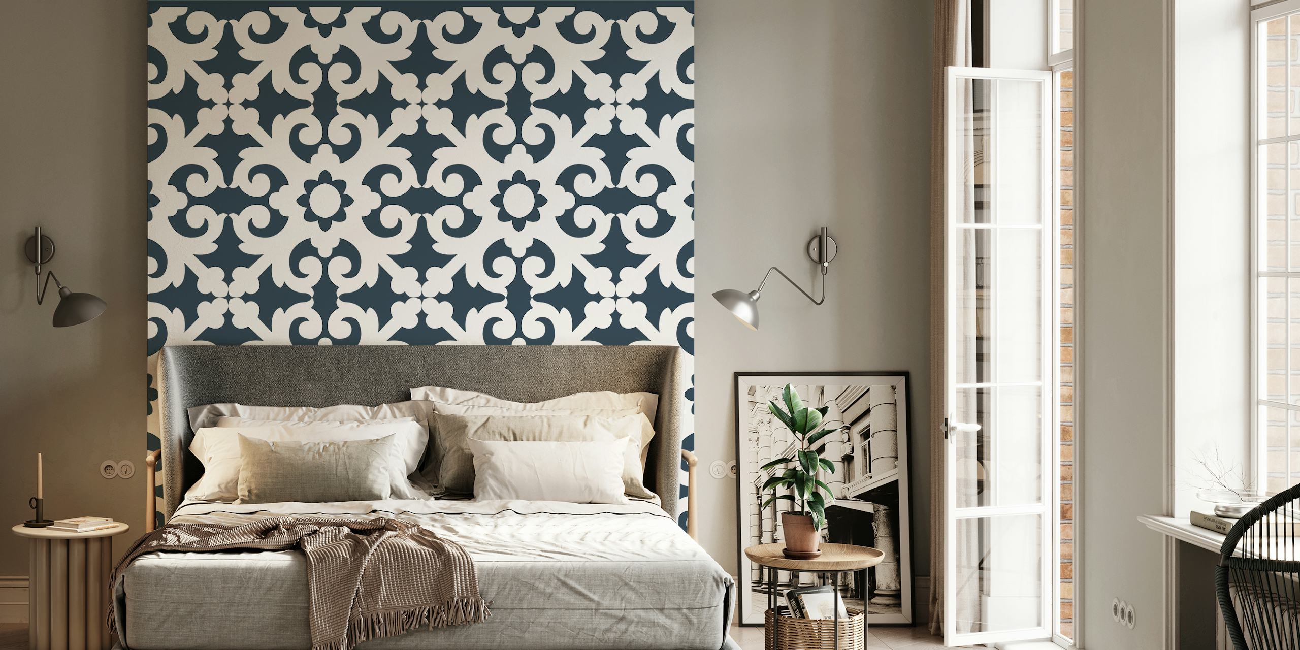 Ornamental black and white wallpaper with floral patterns