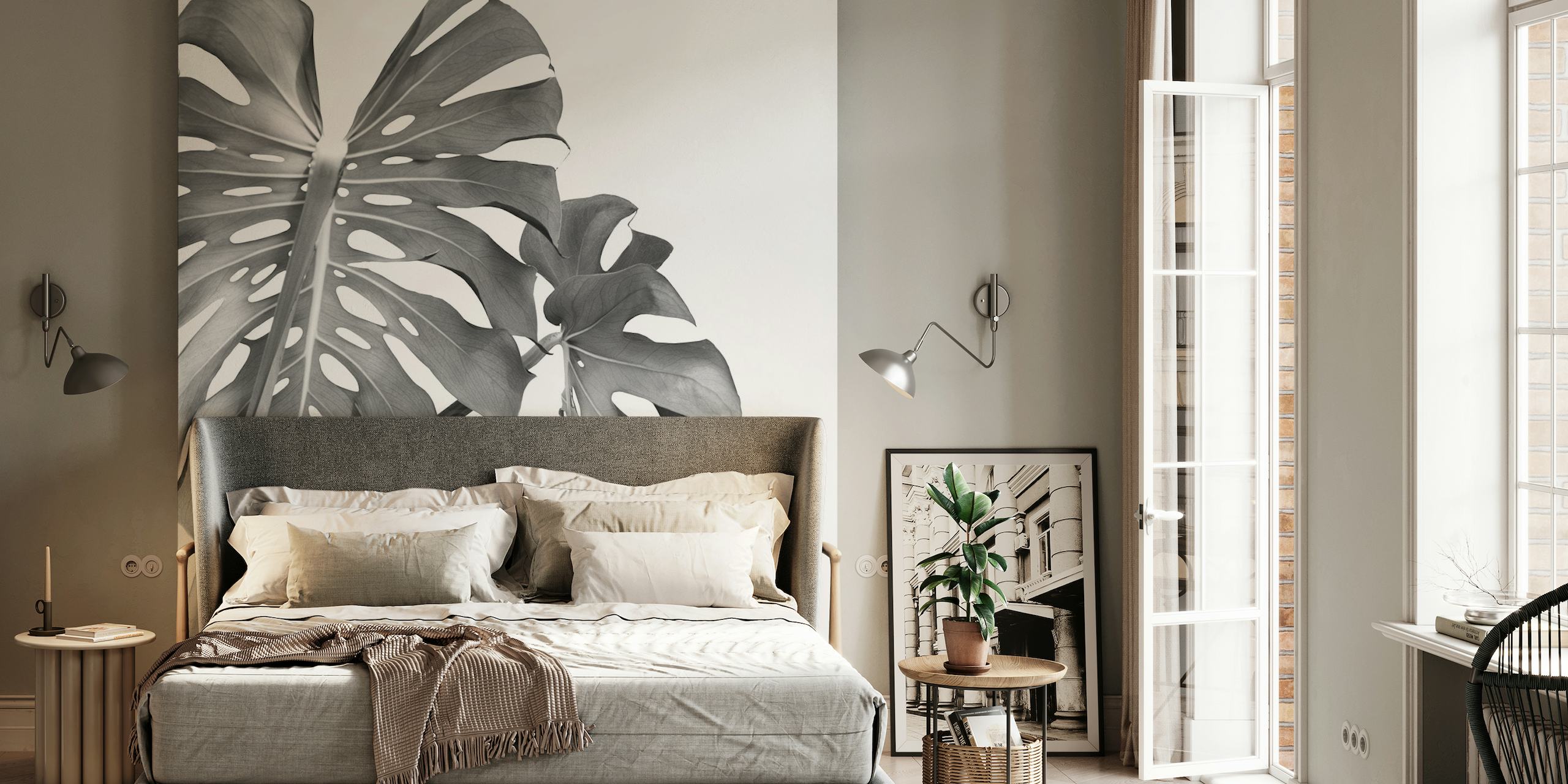 Monstera leaf black and white wall mural for interior decor