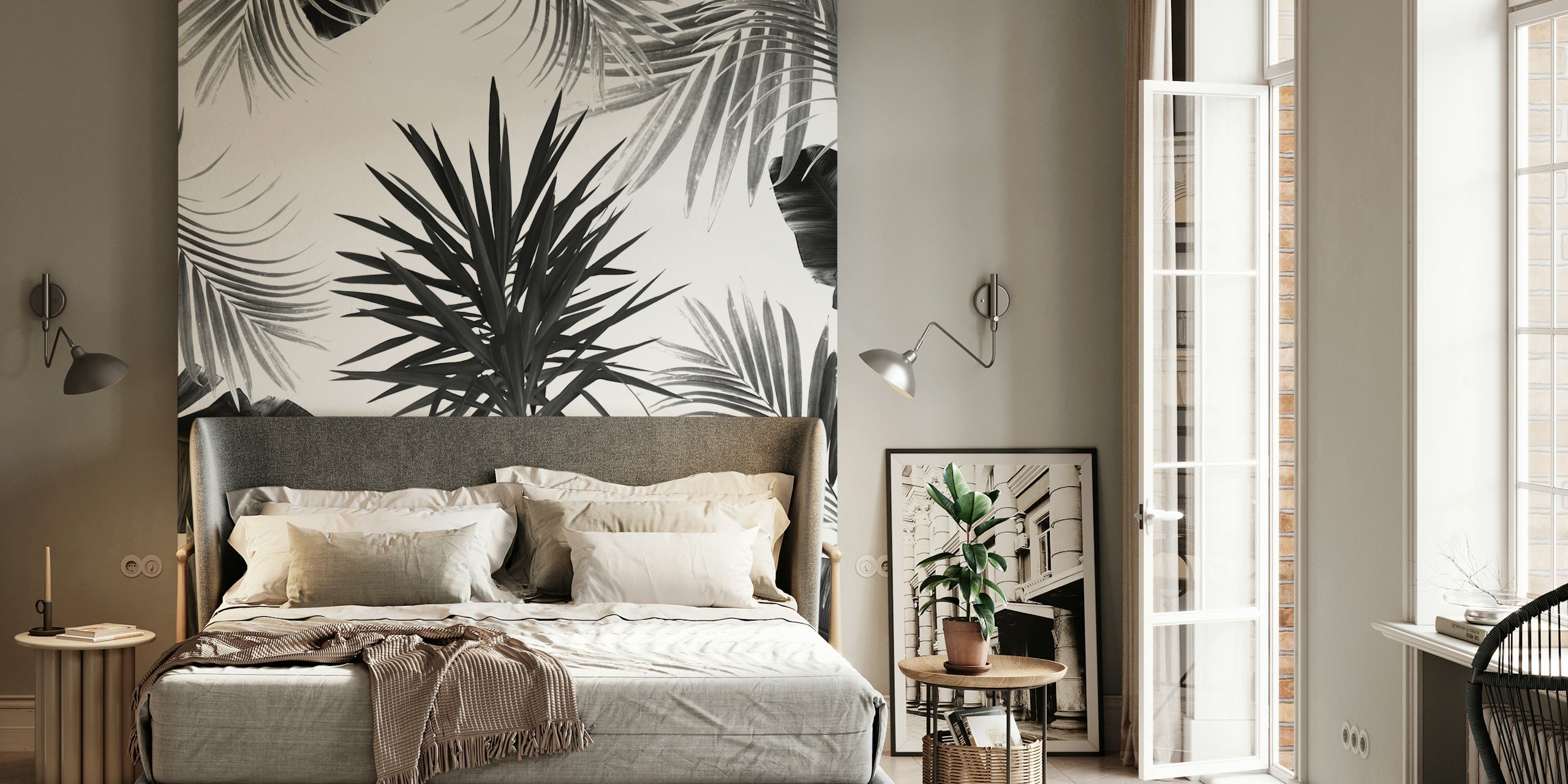 Black and white tropical leaves pattern wallpaper