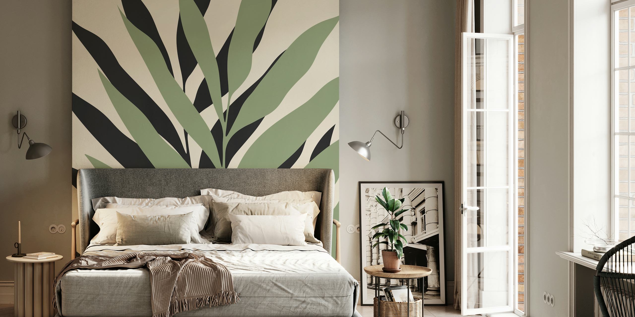Green and black leaf pattern on cream background wallpaper