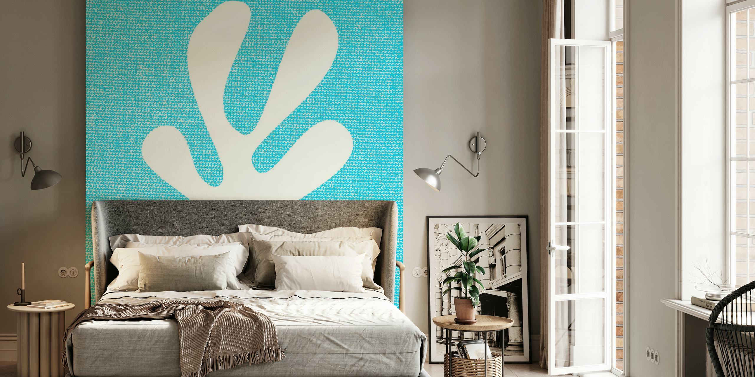 Matisse inspired leaf pattern on a textured blue fabric background wall mural
