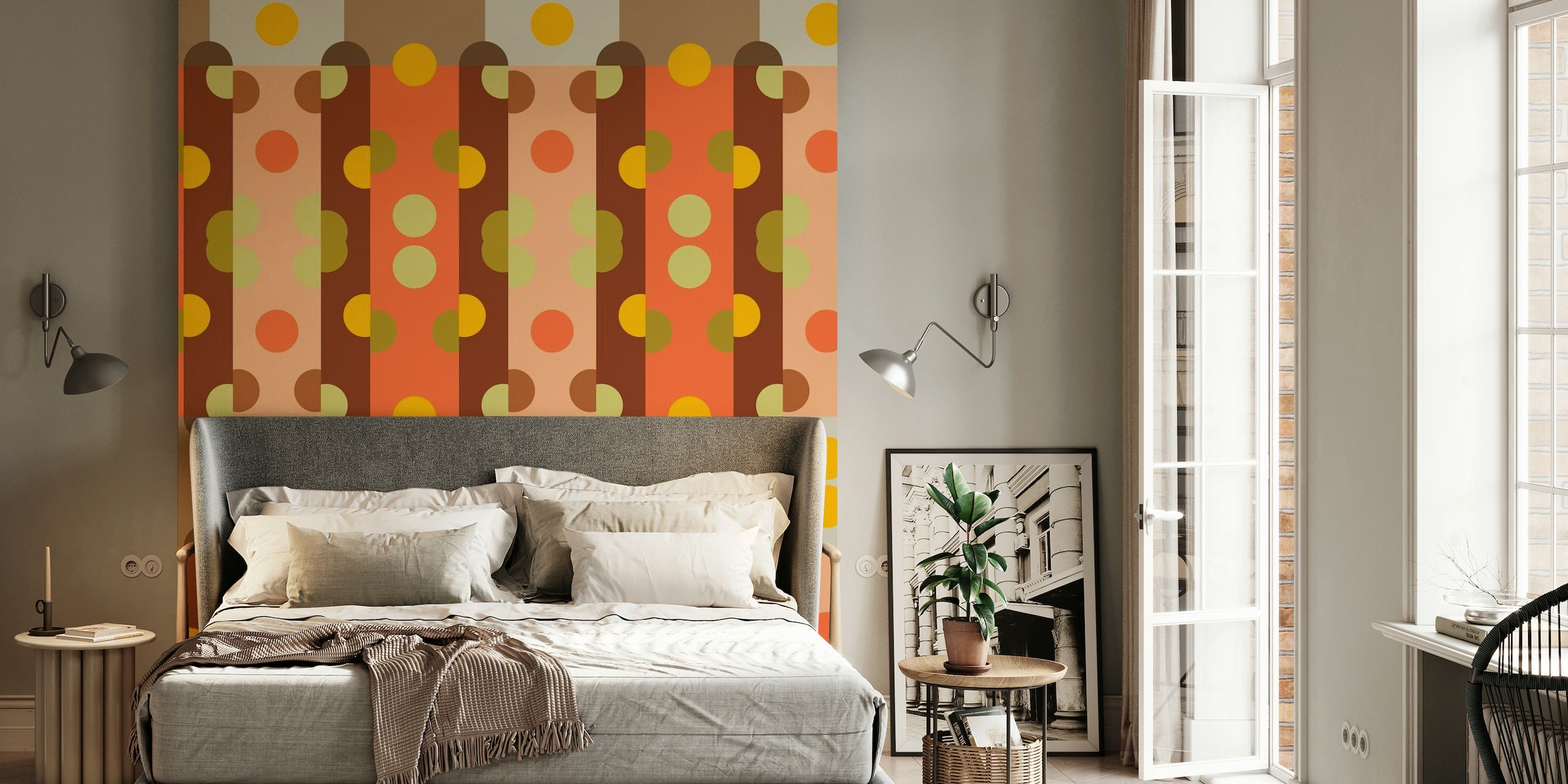 Vintage-style wall mural with retro pattern featuring earth tones, orange, and green.
