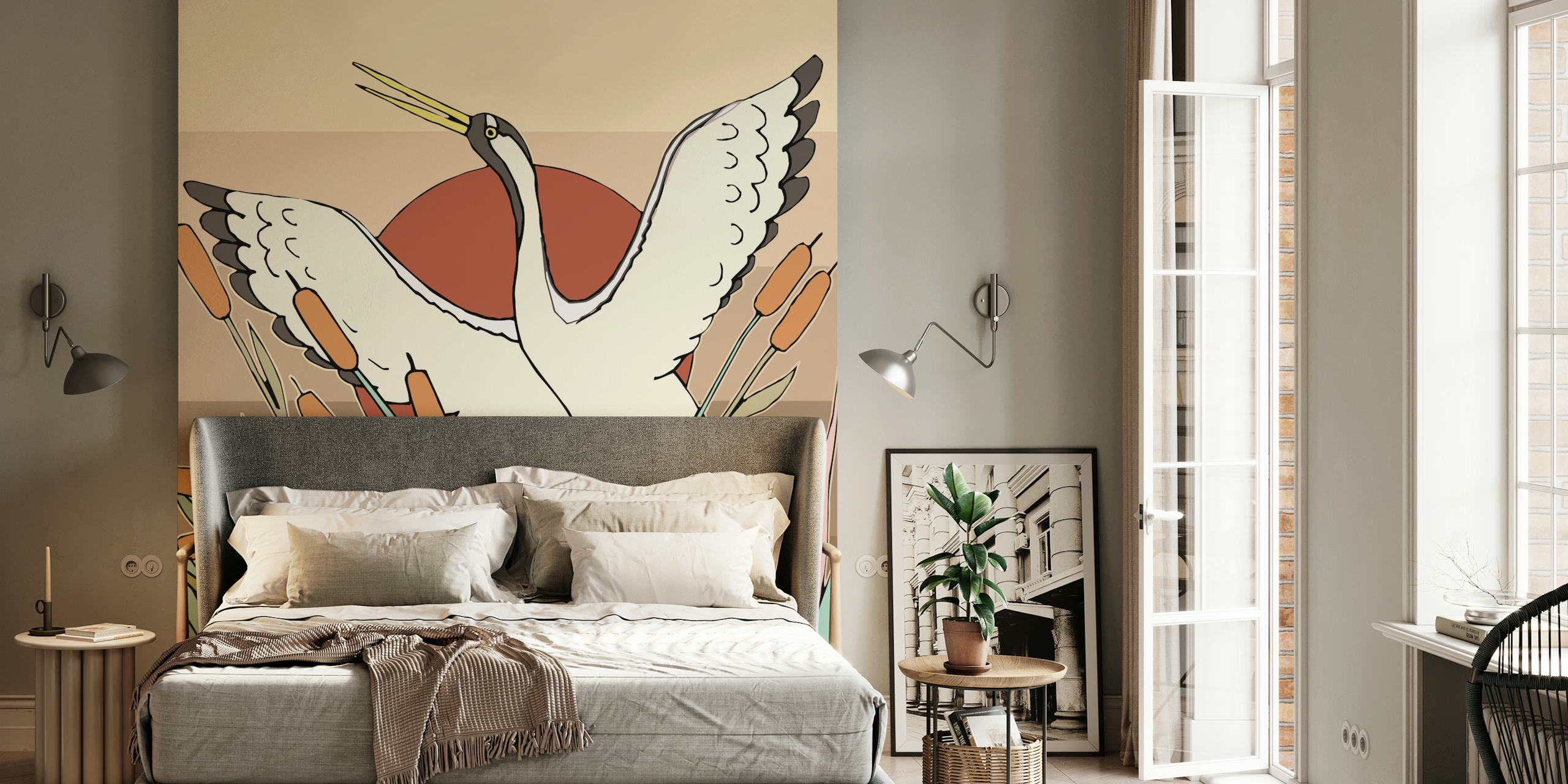 Japan Crane Bird wall mural with graceful crane in a serene Japanese setting