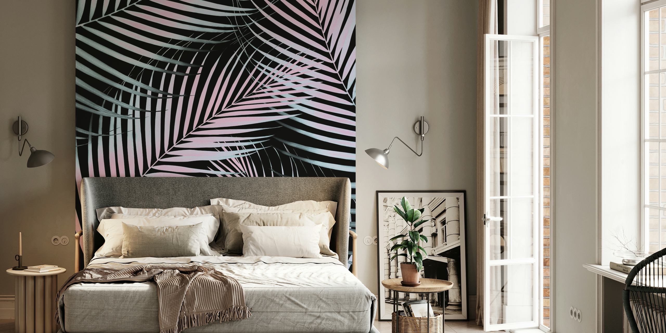 Stylized black and pink palm leaves wall mural design.