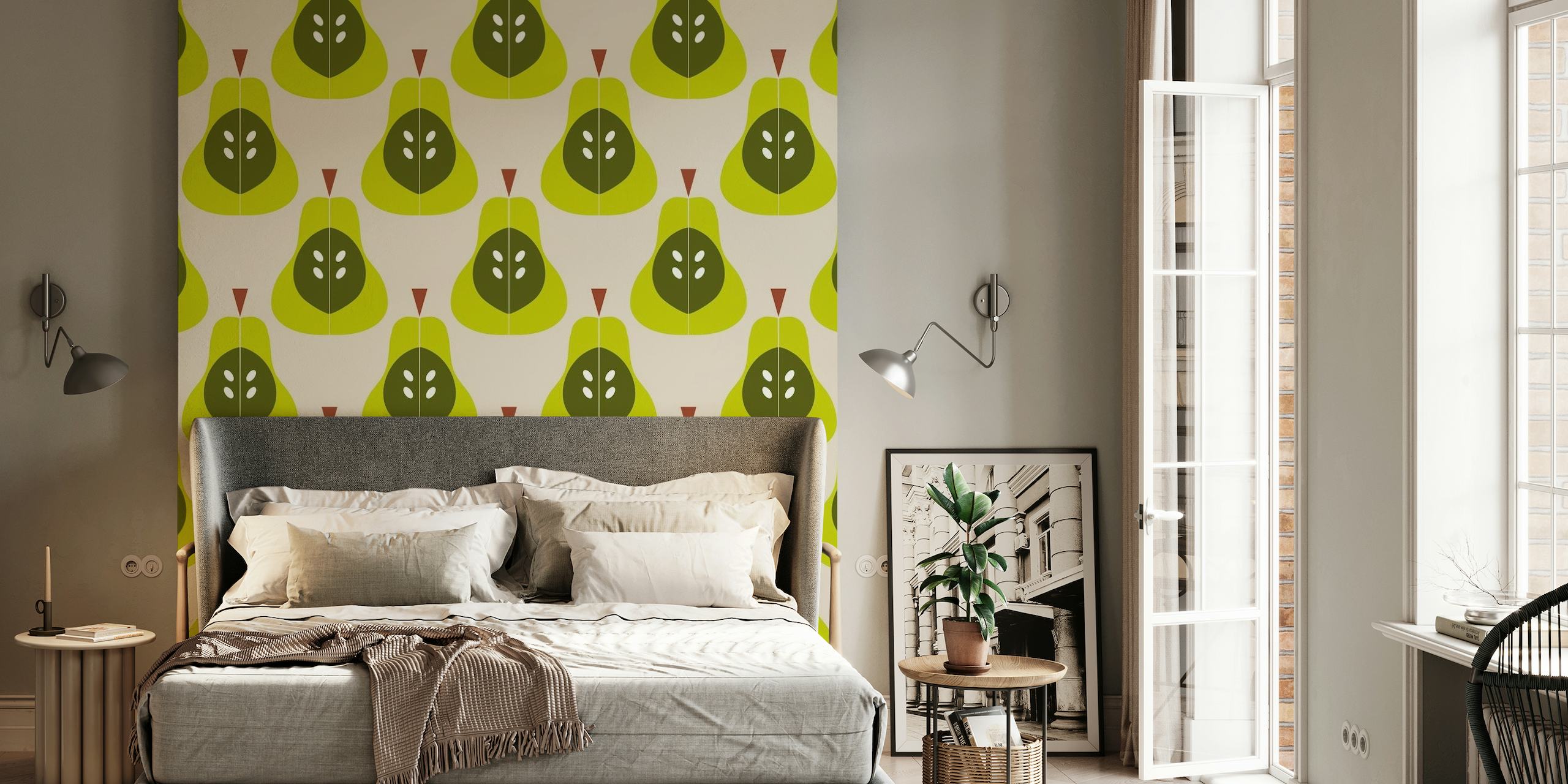 Groene peren muurschildering met gestileerd peer- en bladpatroon op neutrale achtergrond