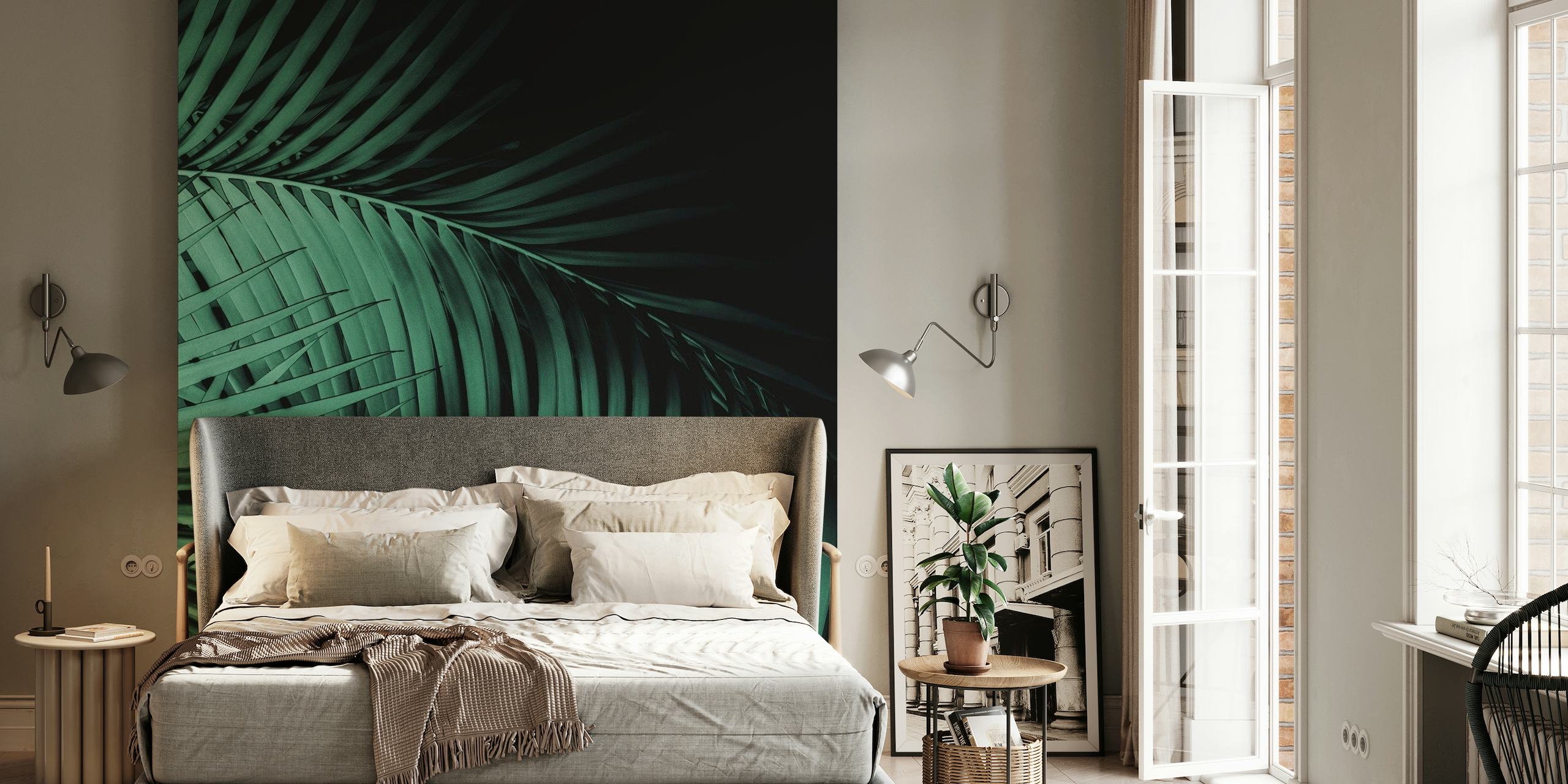 Mural de parede Palm Leaves Green Vibes 7 com um padrão de densa folhagem de palmeira em tons de verde