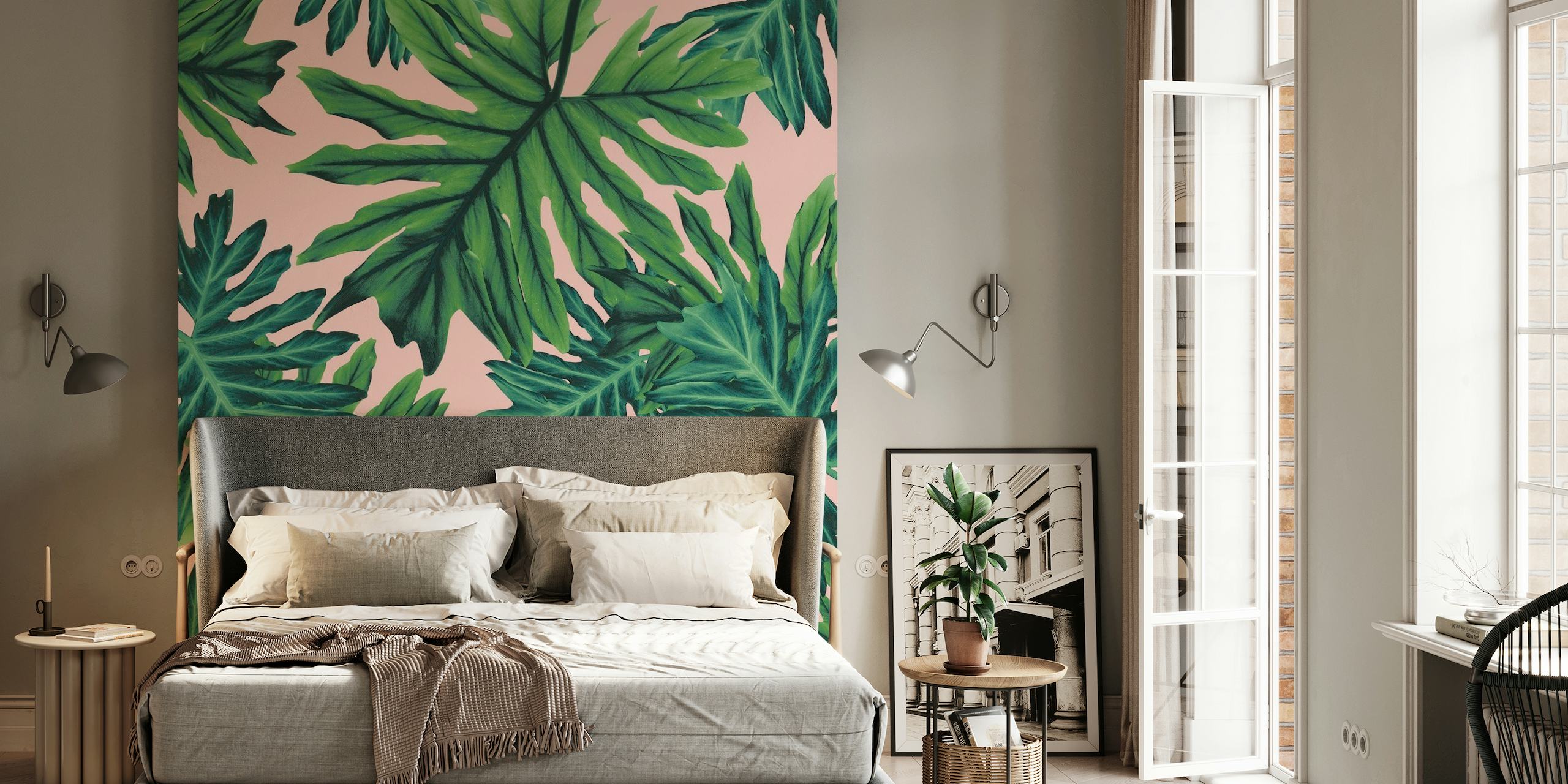 Papier peint Philo Hope Tropical Jungle 2 représentant un feuillage vert sur fond rose