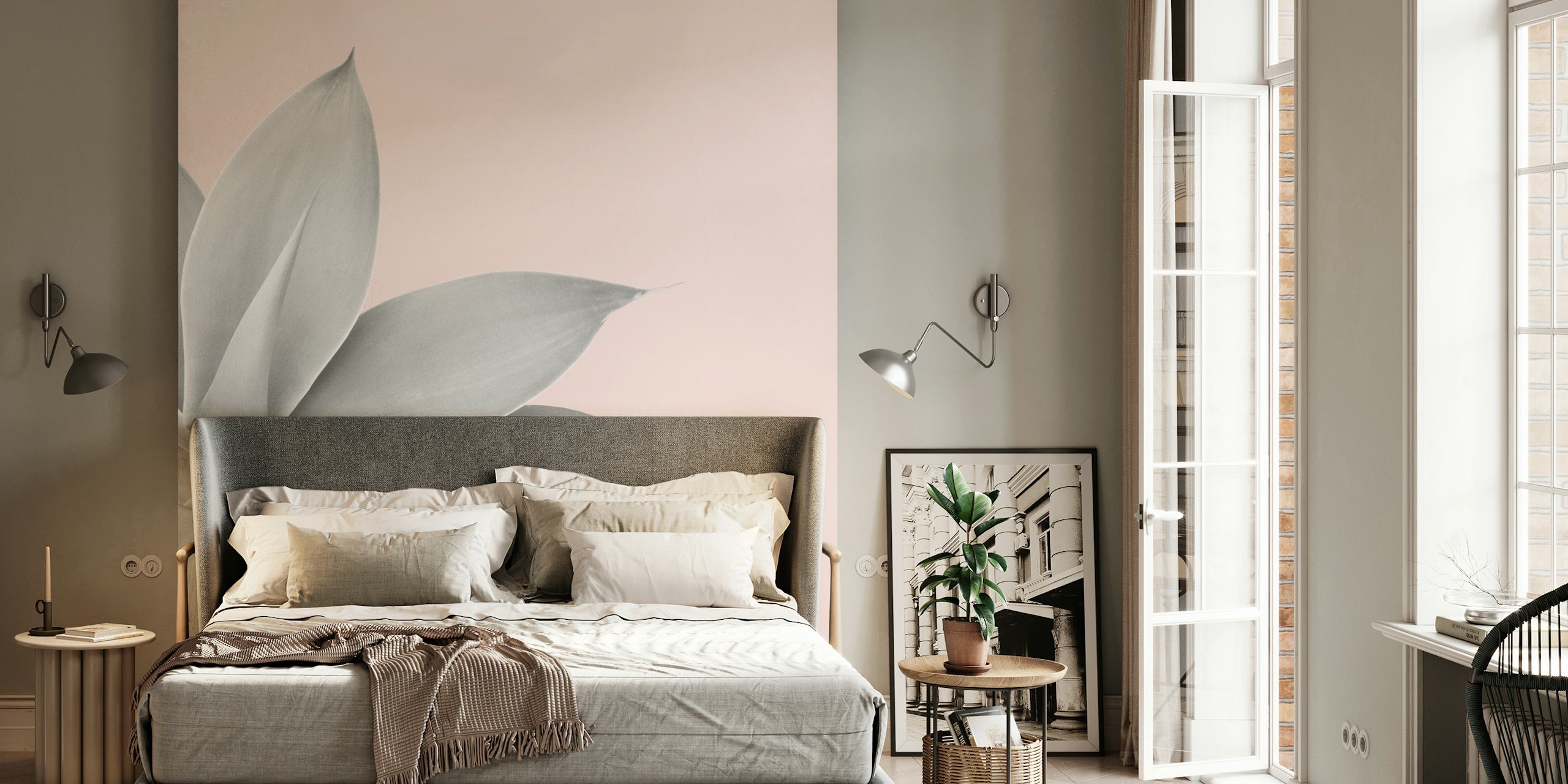 Agave plant grayscale illustration on soft pink background wall mural