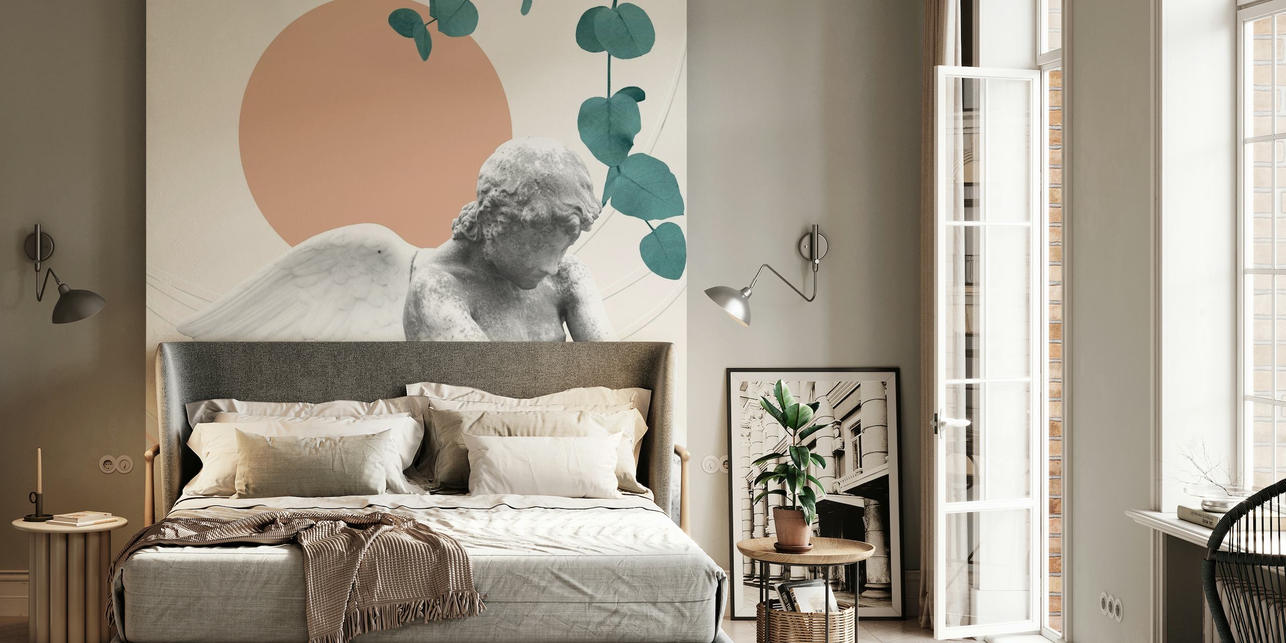 Eros abstrakt finesse vægmaleri med kerub, marmor teksturer, geometriske former og botaniske elementer.