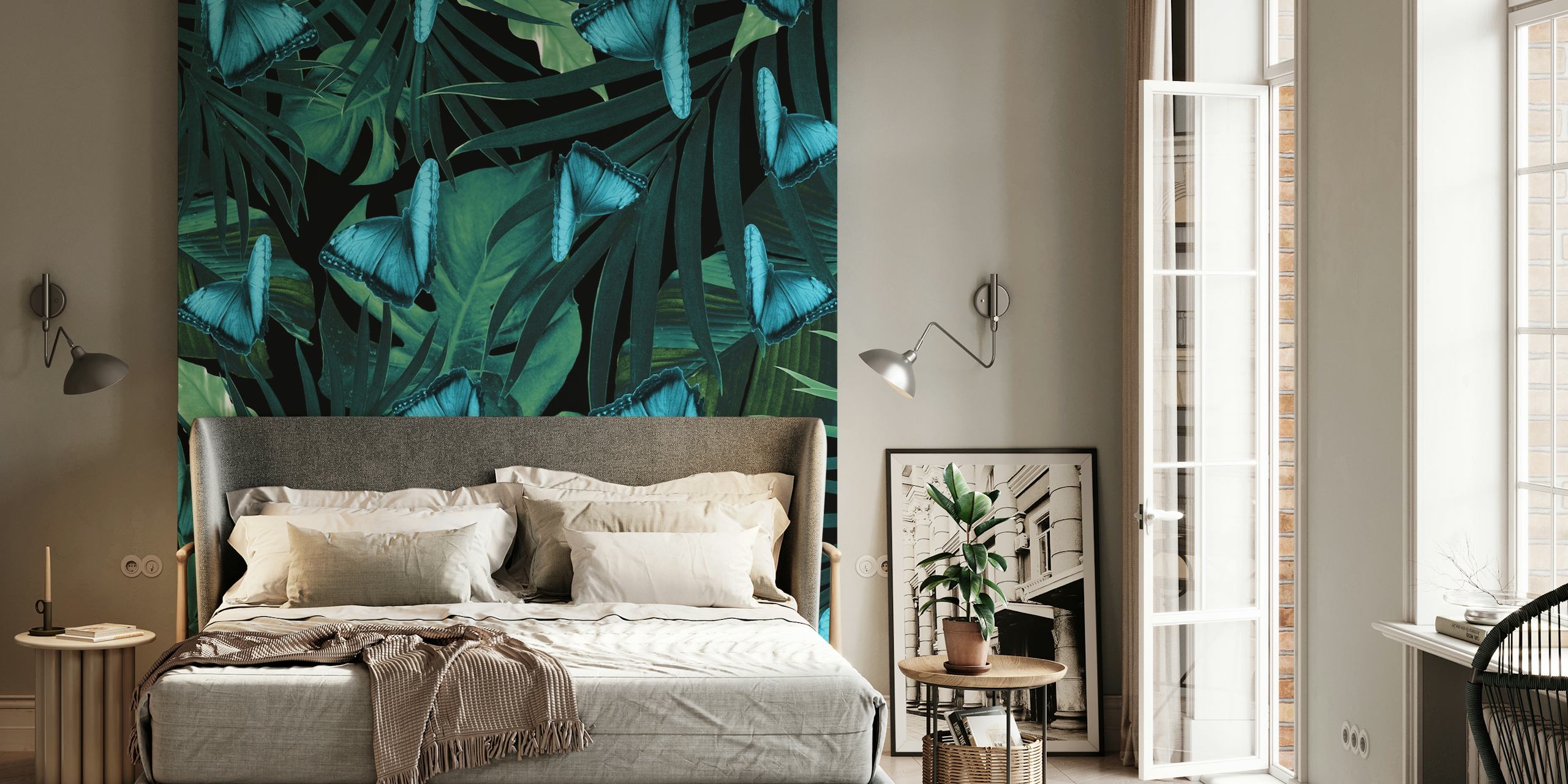 Tropical Butterfly Jungle wall mural with blue butterflies and green foliage.