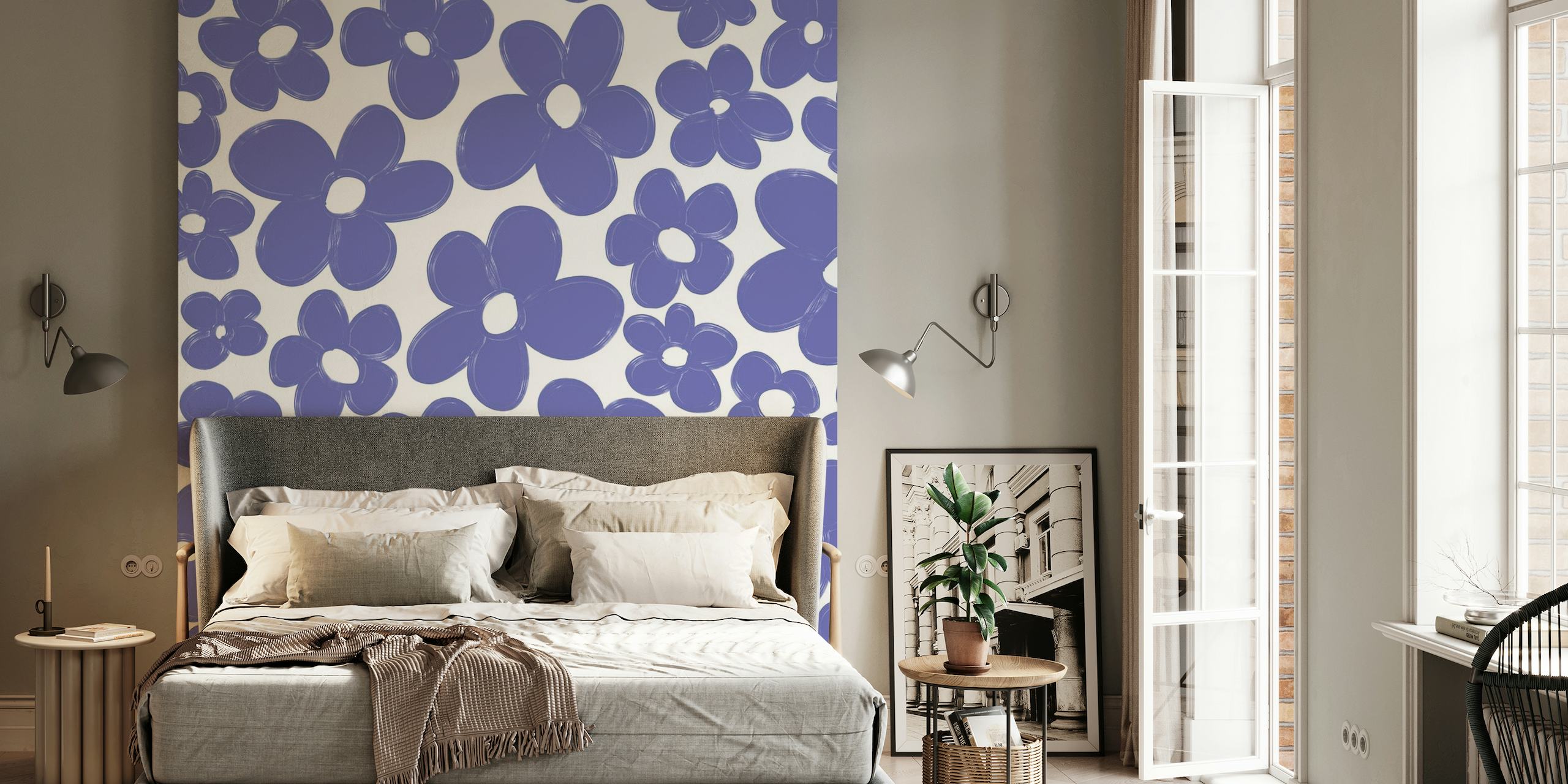 Retro Flowers in Very Peri wall mural with stylized floral patterns