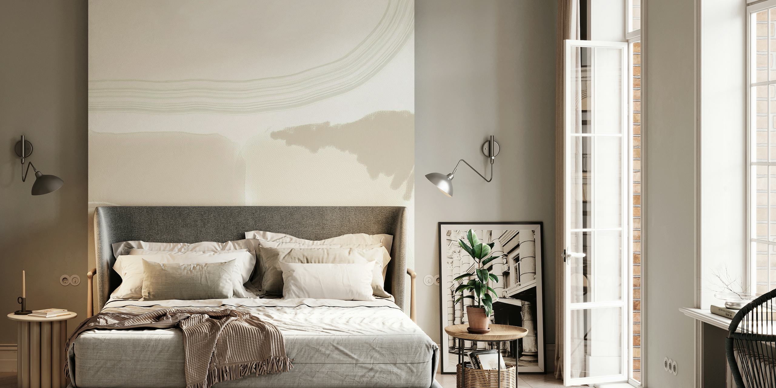 Abstract neutral-toned wall mural with gentle brush strokes and soft shapes from Happywall's 'Clean Slate 5'