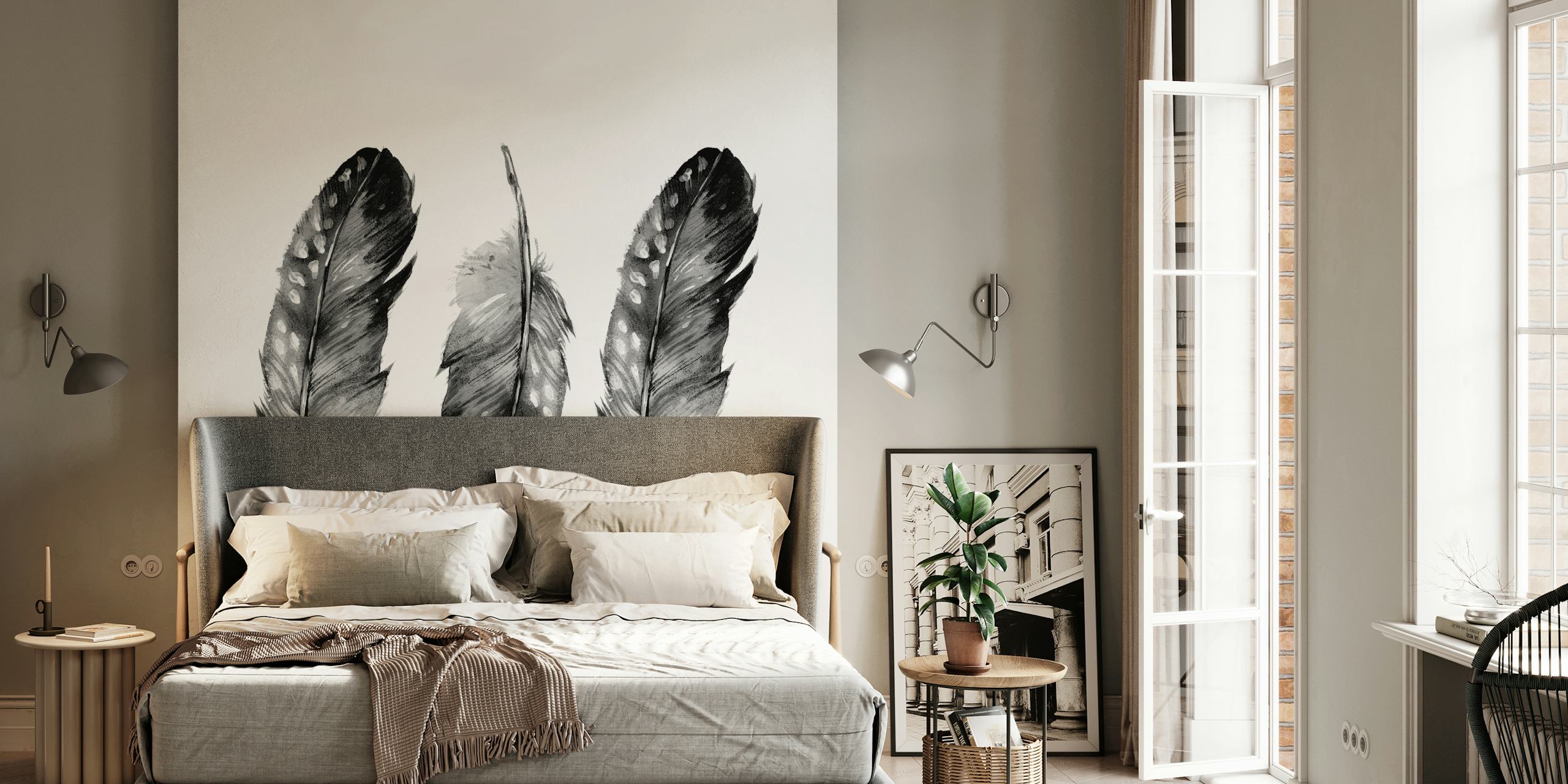 Three black and white feather illustrations on a white background wallpaper
