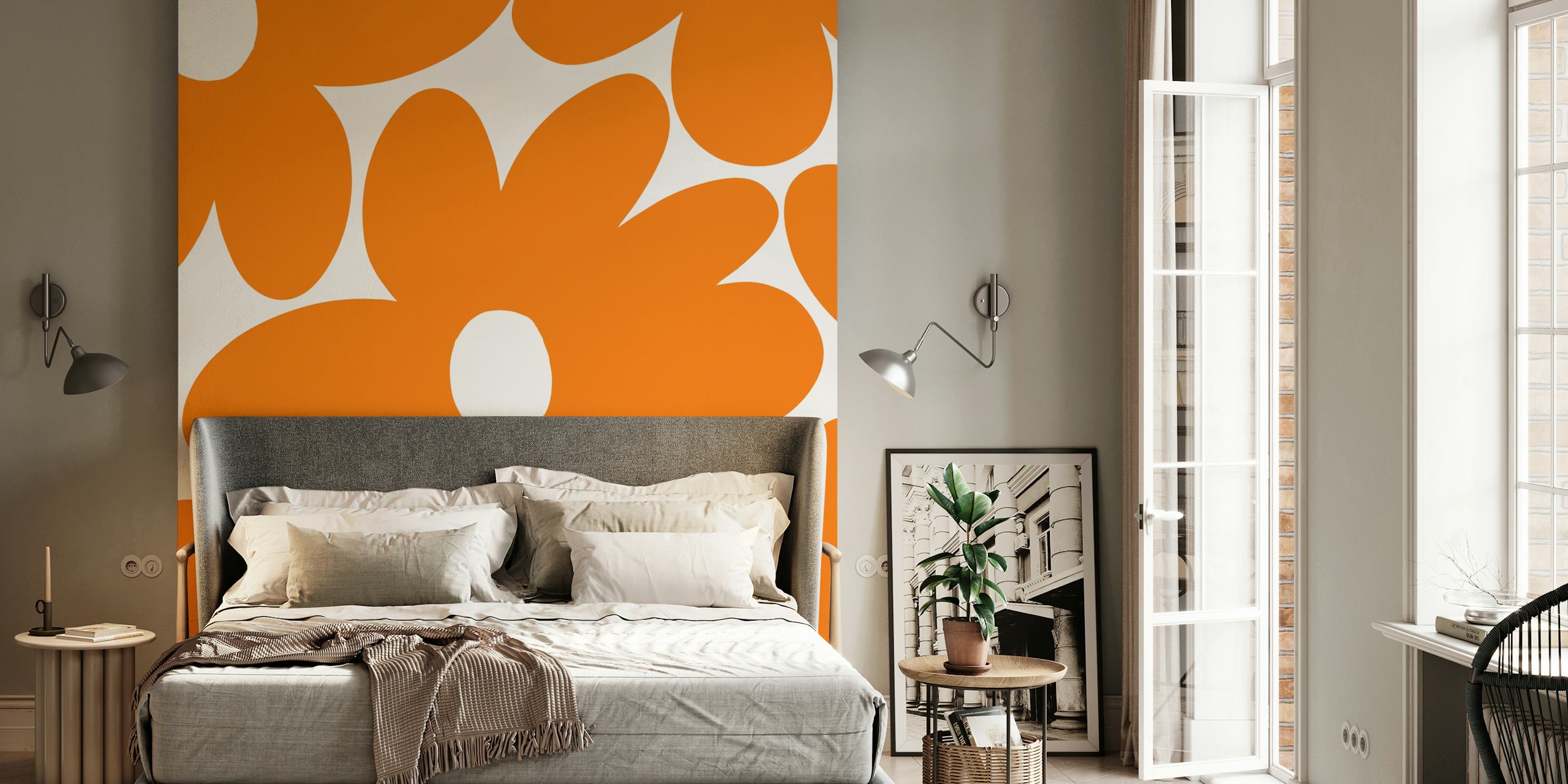 Large orange retro daisies on white background wallpaper