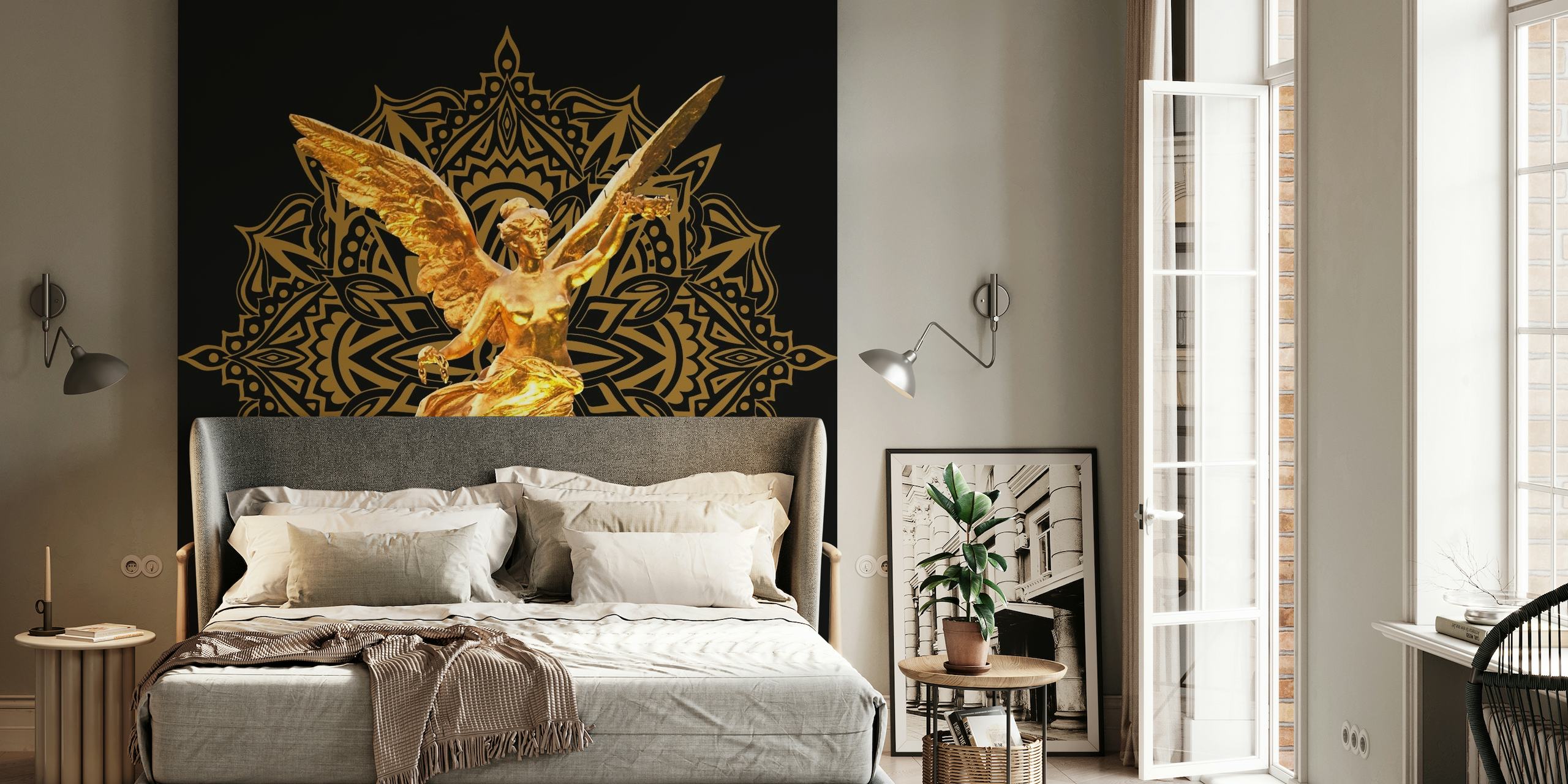 Golden Angel wall mural with mandala pattern