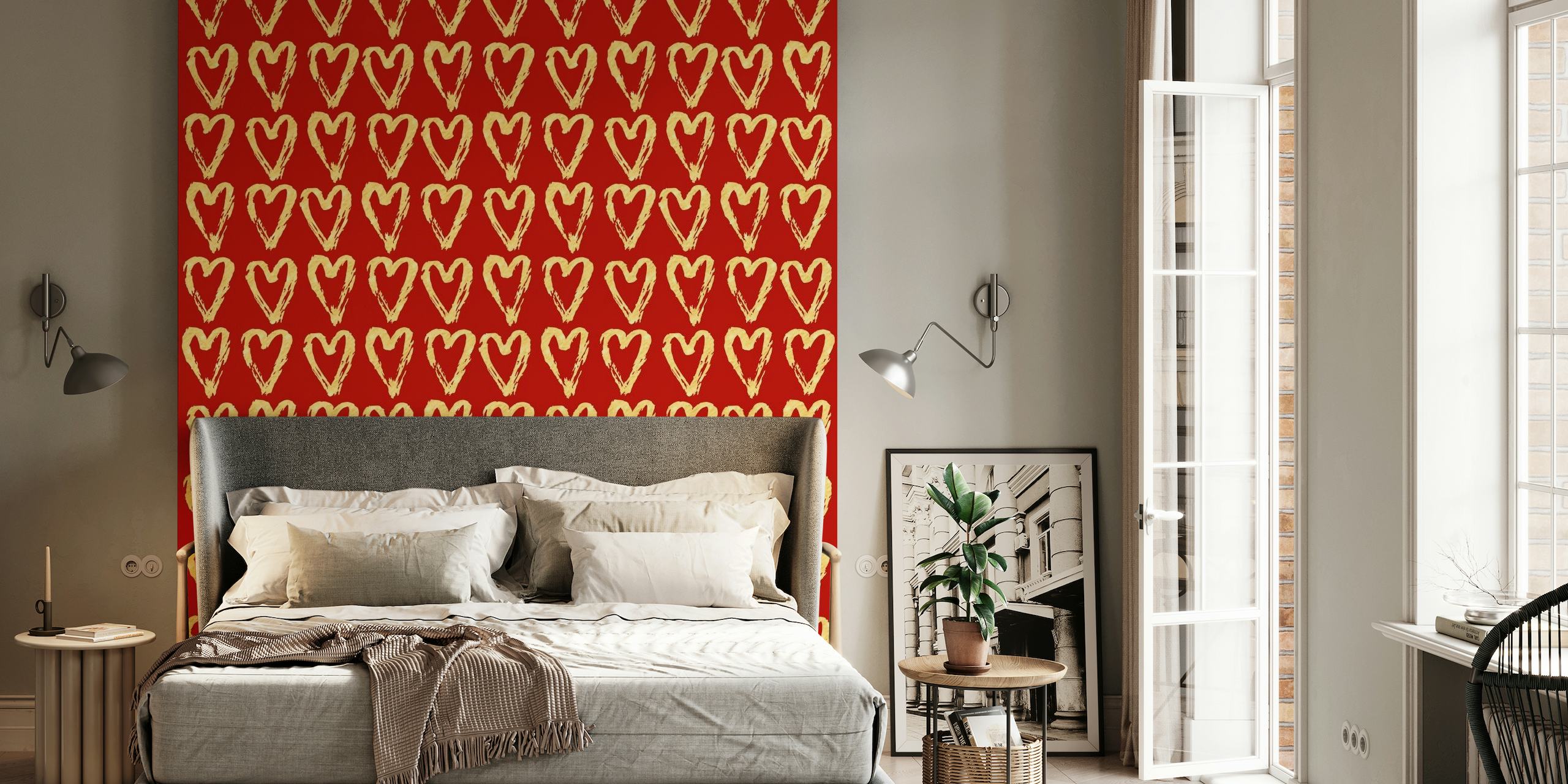 Golden hearts pattern on a red wall mural