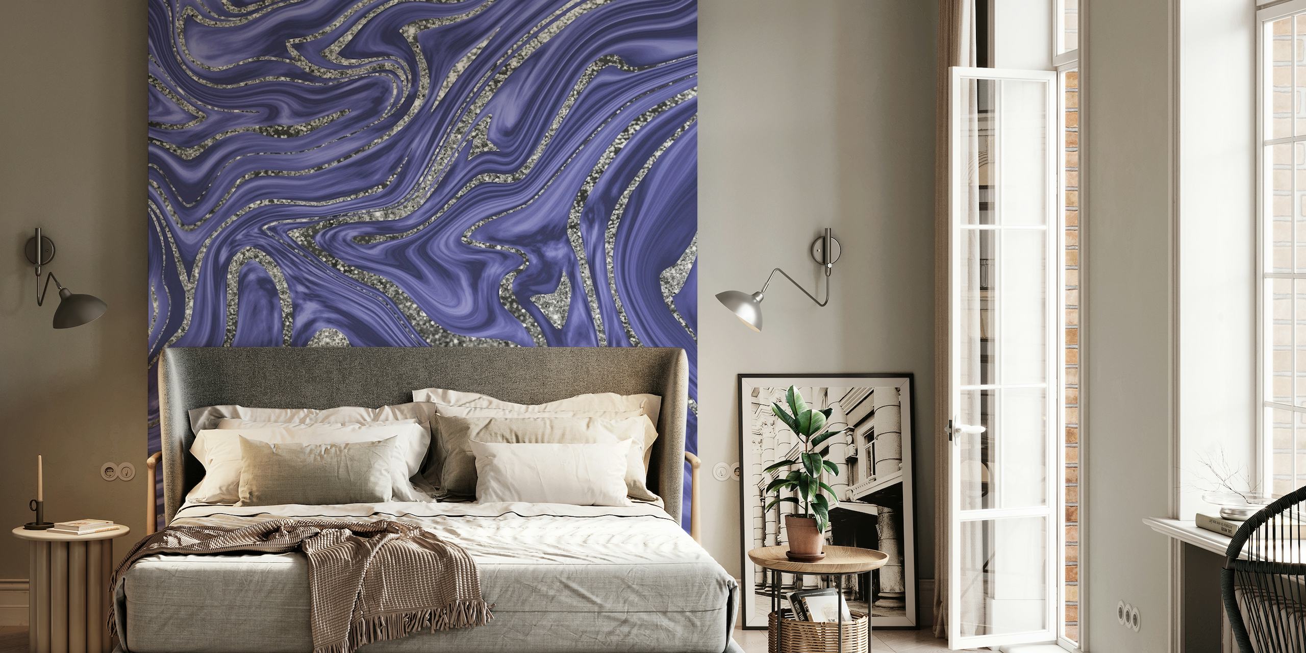 Abstract Very Peri and silver glitter swirl wall mural