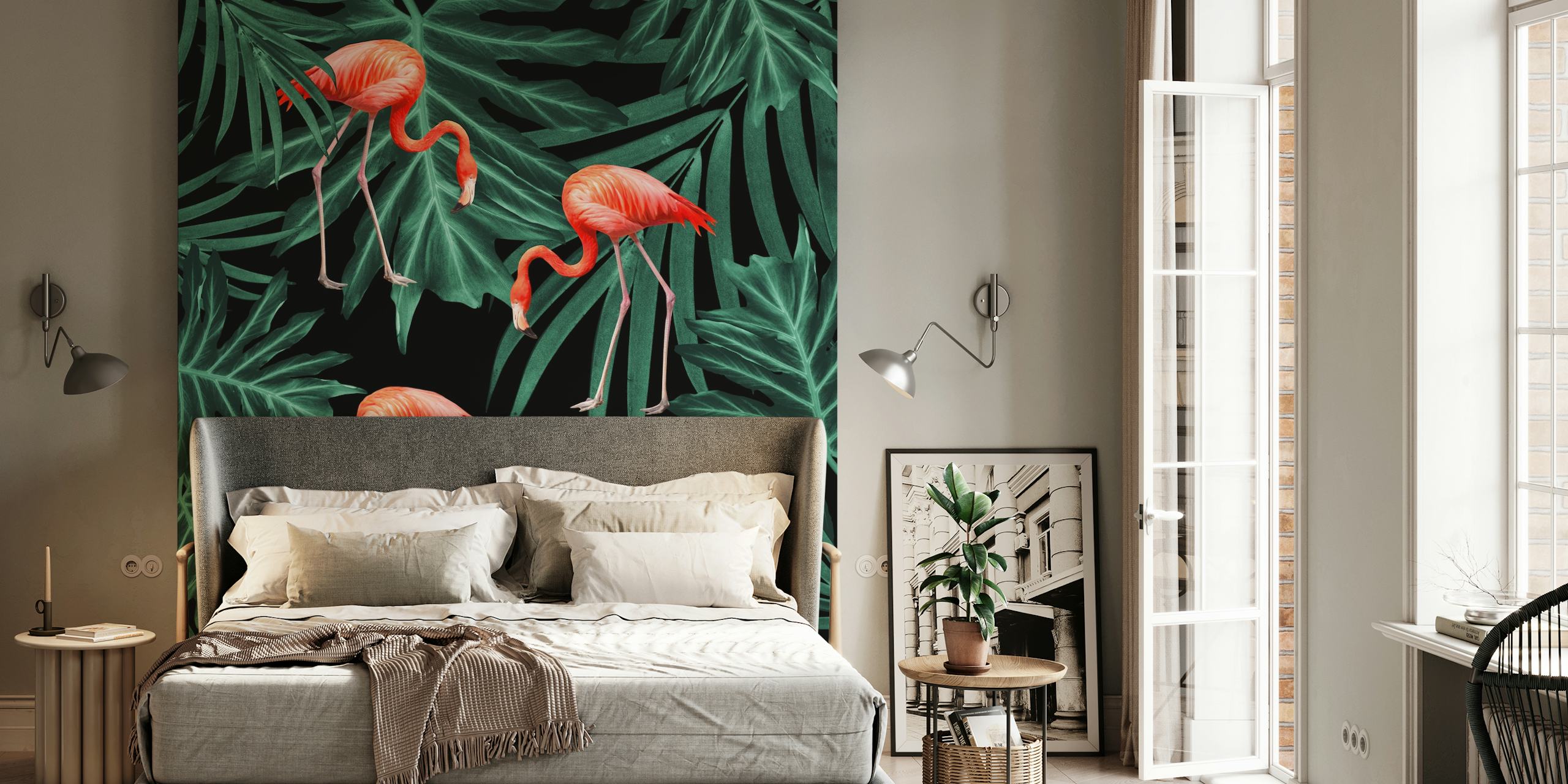 Flamingo and foliage pattern wallpaper in room