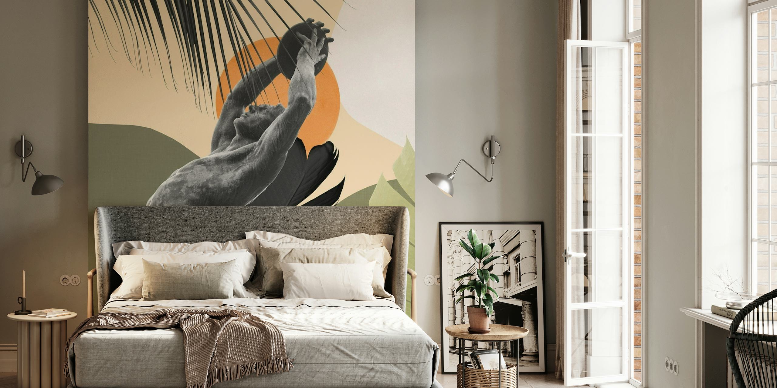 Artistic wall mural of an Olympic discus thrower in action, surrounded by tropical foliage and a warm-colored backdrop