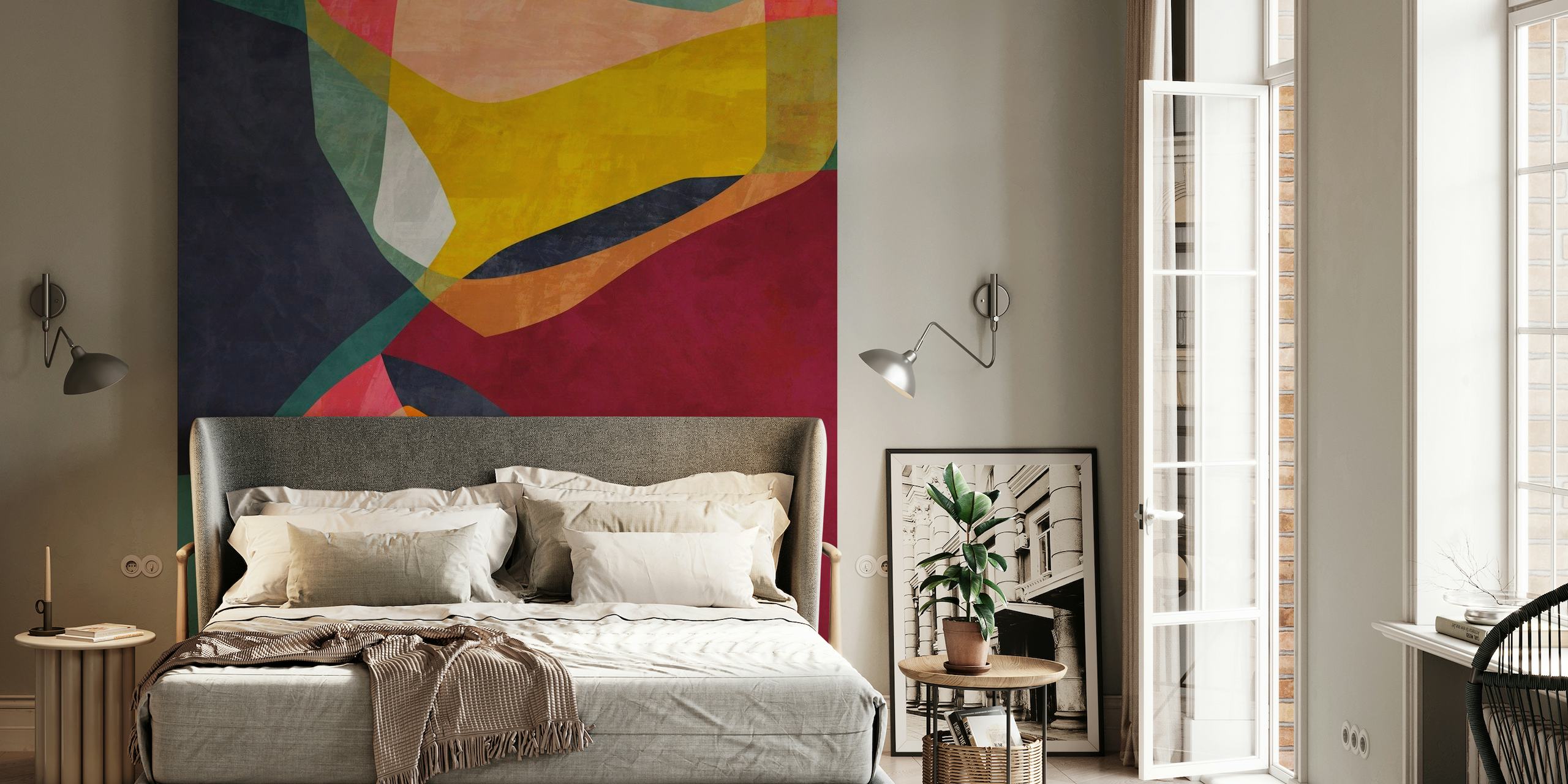 Abstract geometric shapes wall mural with overlapping colors in navy, maroon, and green tones
