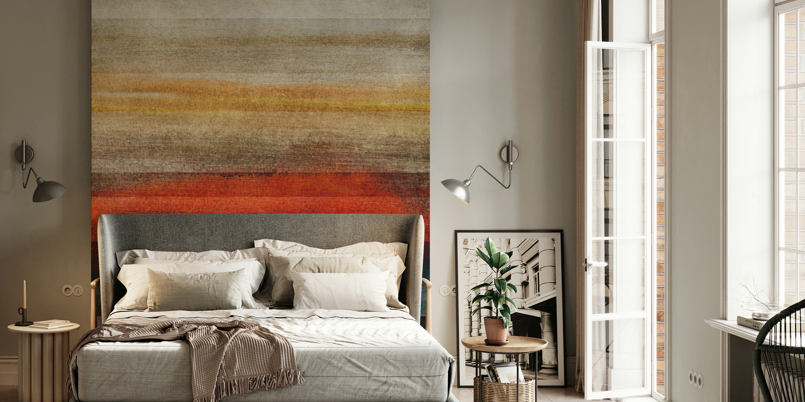 Abstract wallpaper with horizontal stripes in various colors including orange, green, and gray.