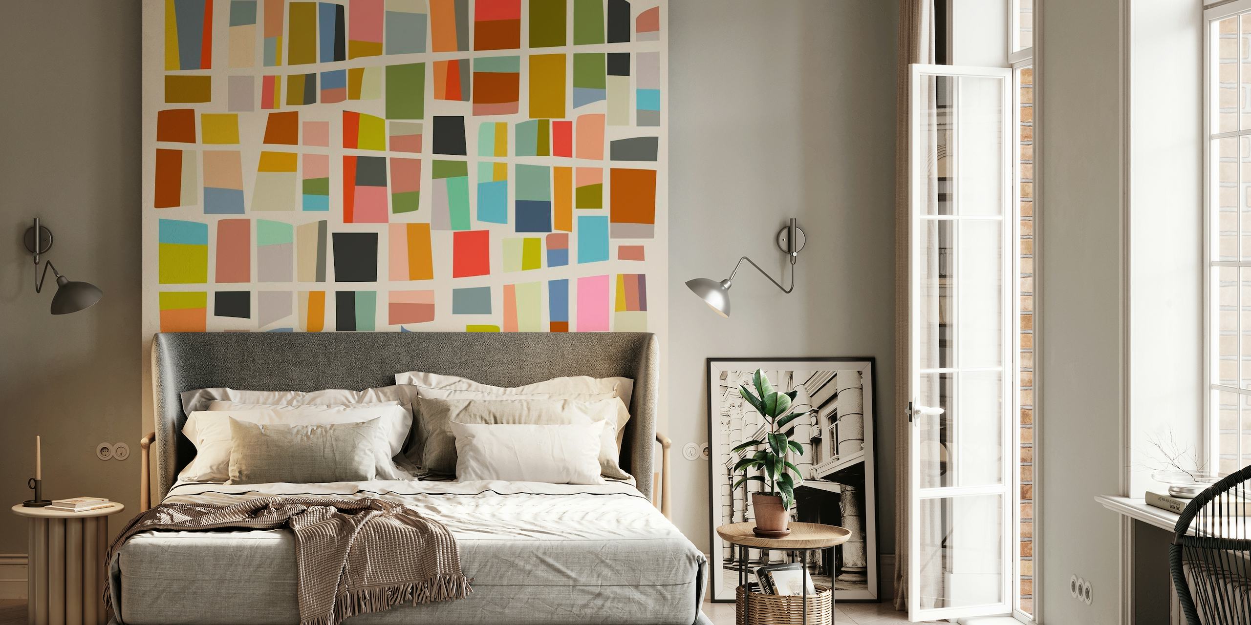 Mural de parede abstrato com 8 peças coloridas com formas geométricas em vários tons