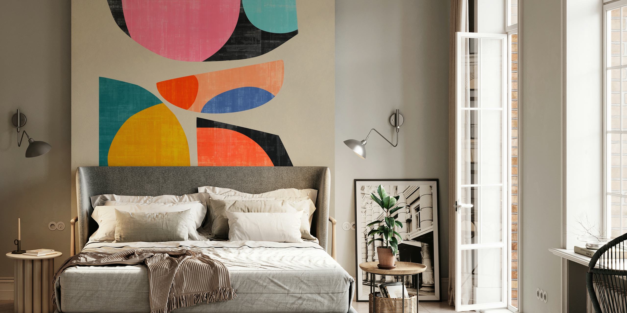 Colorful abstract shapes in pink, black, blue, orange, and yellow wallpaper