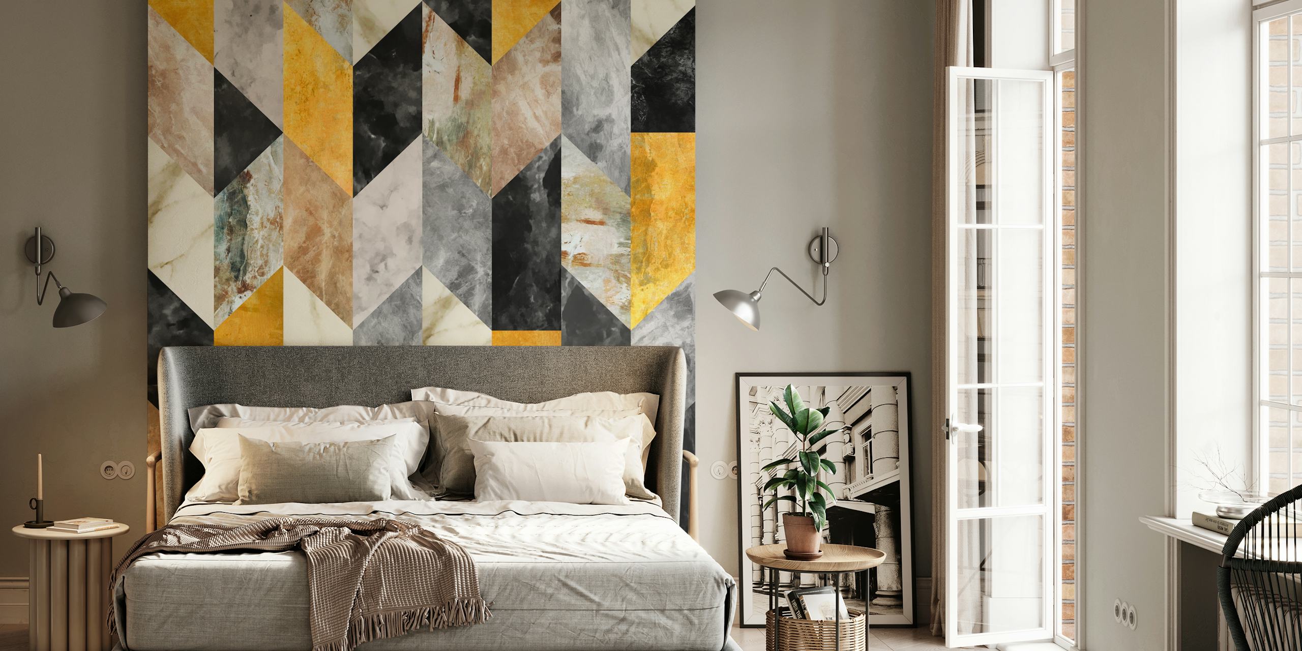 Geometric pattern in black, gold, and white colors wallpaper