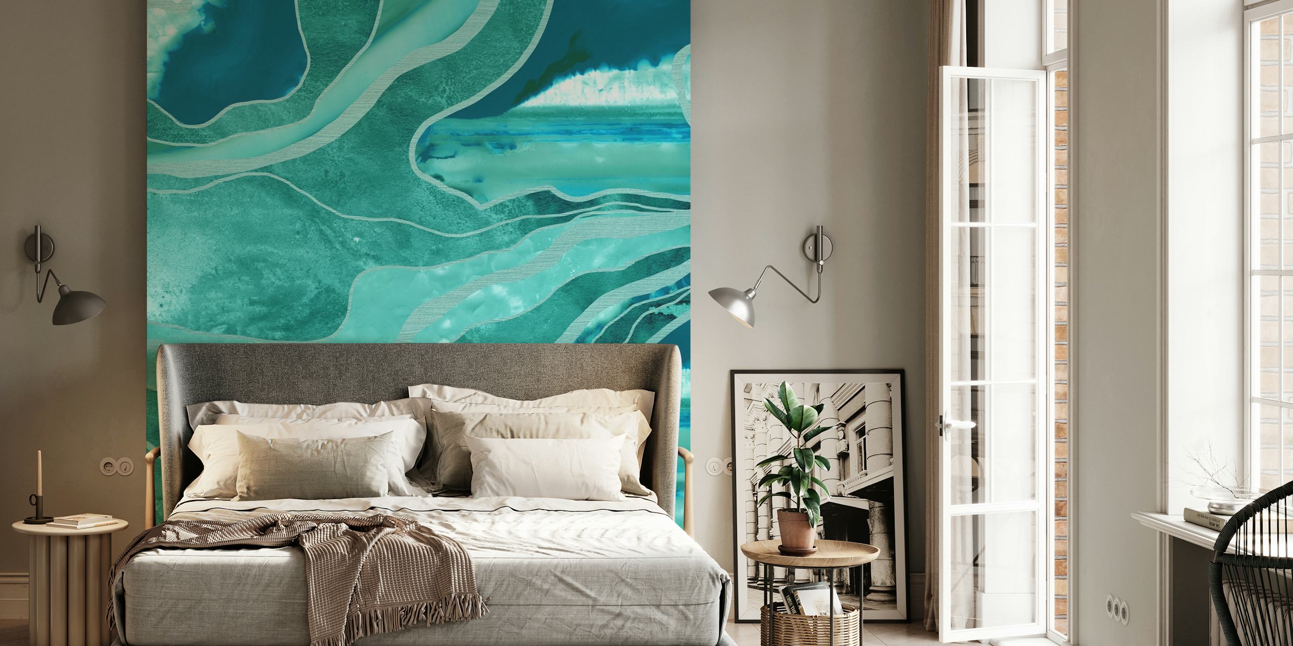 Turquoise Teal Marble Agate wall mural with swirling patterns