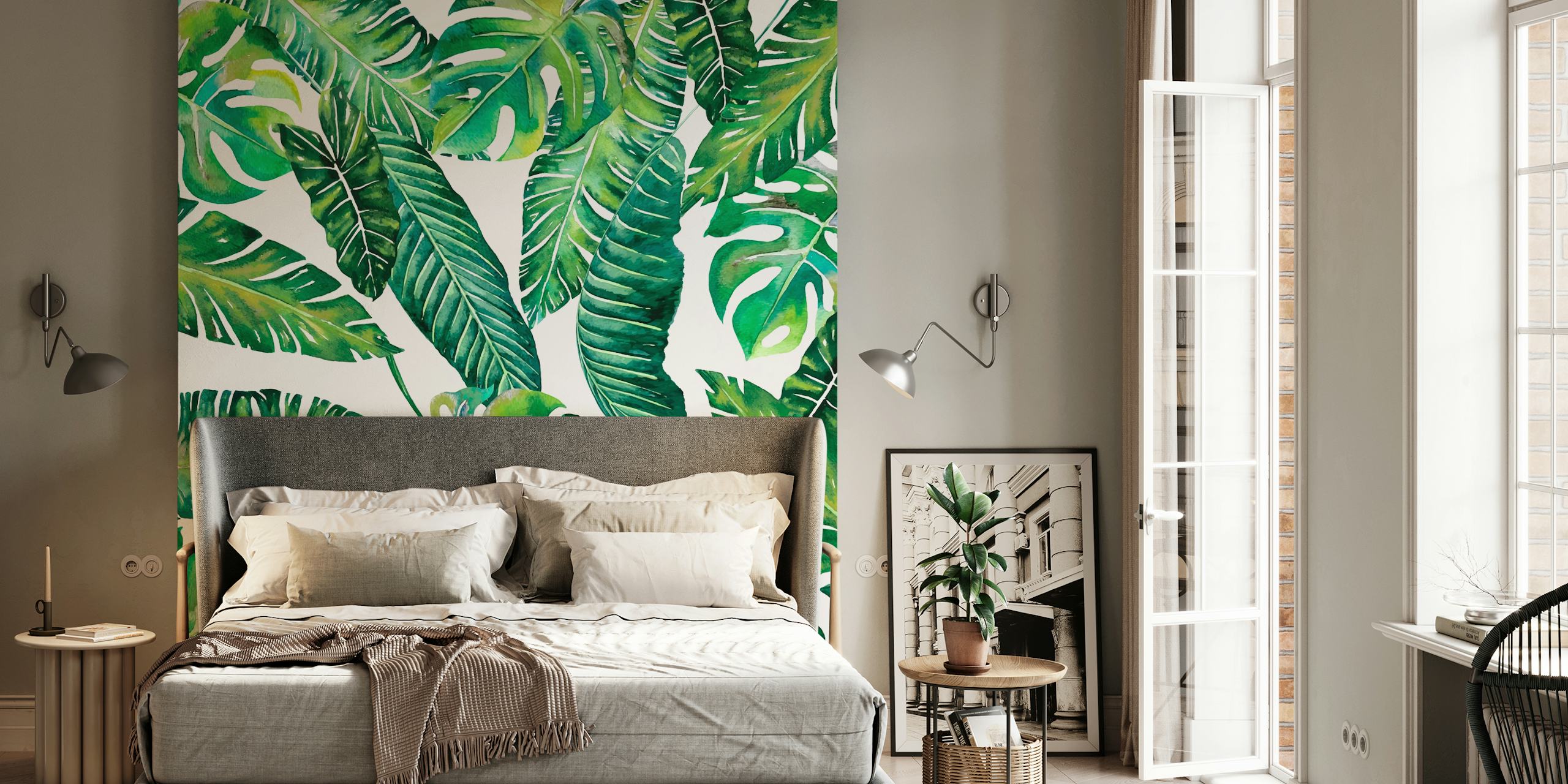 Jungle Leaves Banana Monstera papier peint dans une pièce