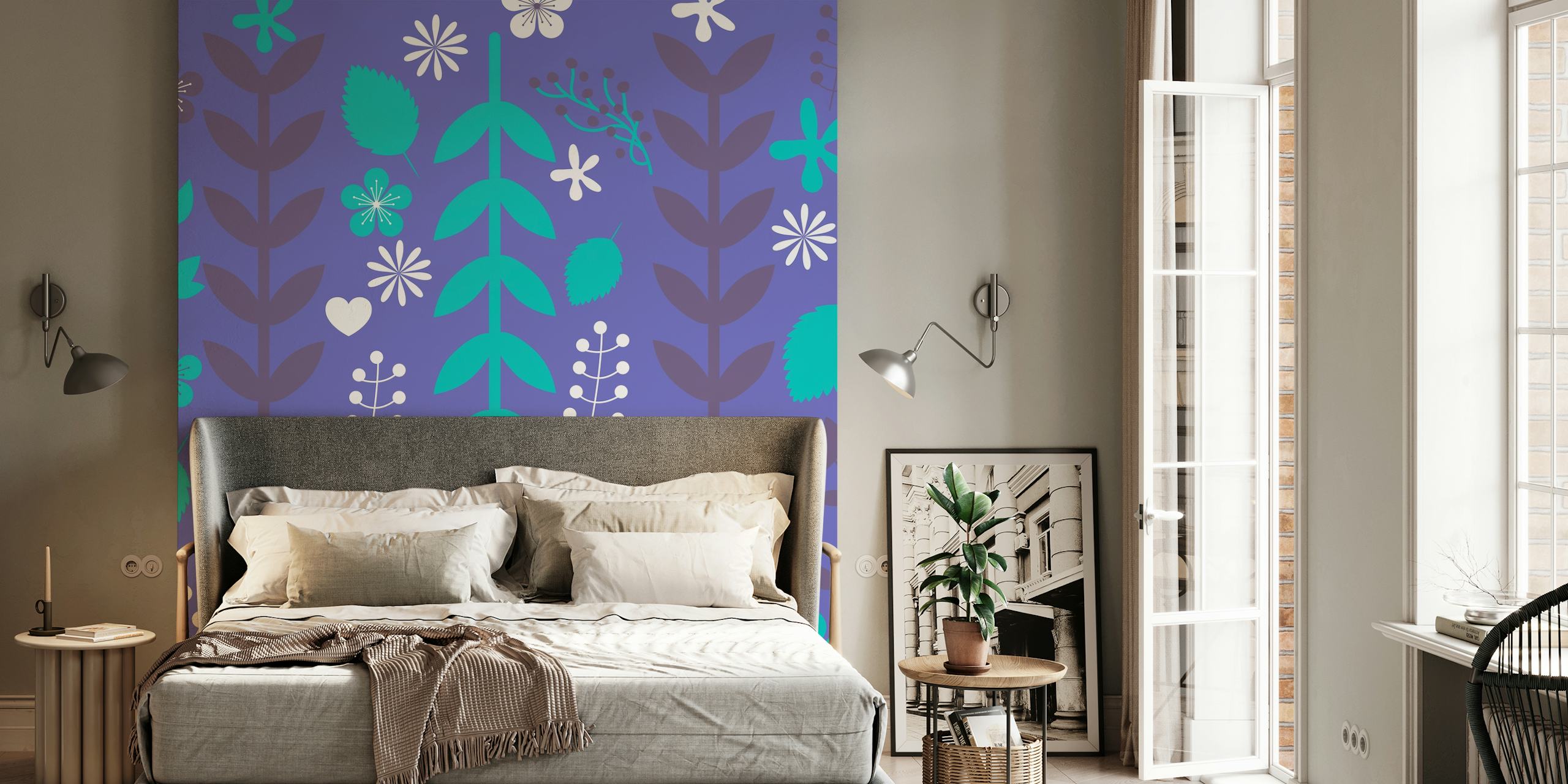 Very Peri Purple Blue Floral wallpaper in a room