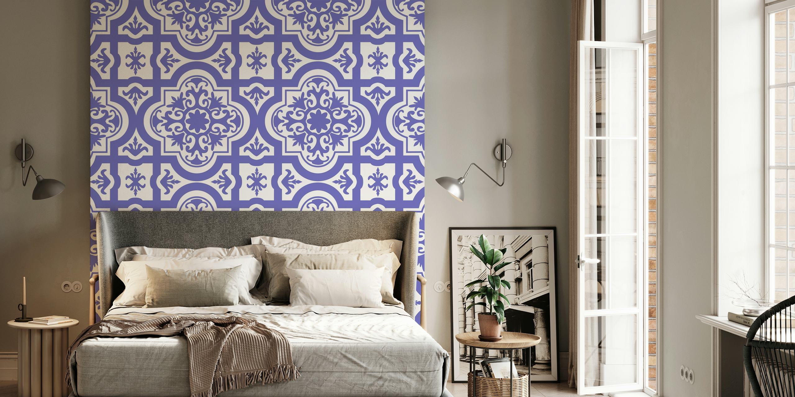 Geometric tile pattern in Very Peri purple and white colors wallpaper