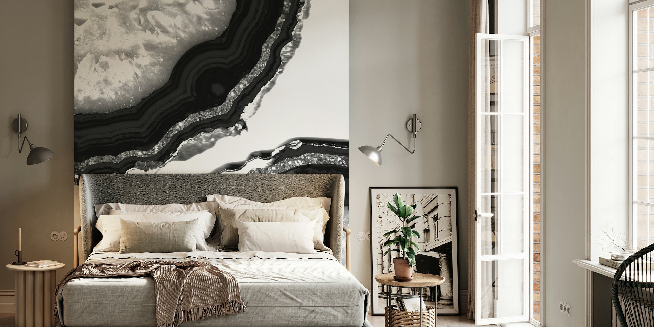 Svart och vitt agatmönster med glitterdetaljer för väggmålning