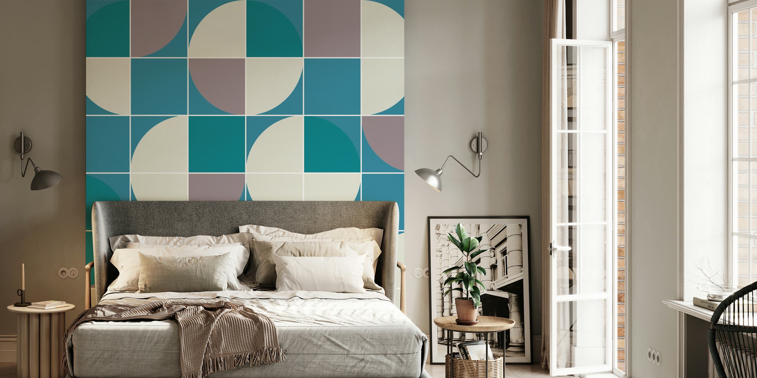 Geometric shapes in teal, ash, and cream colors wallpaper