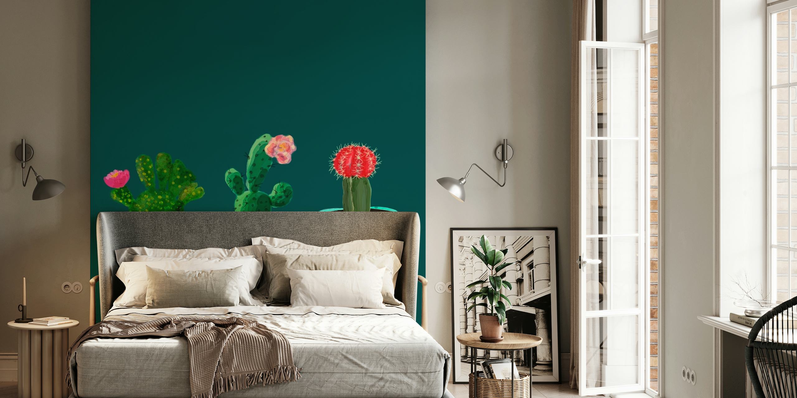 Three potted cacti illustration on a wall mural with a dark background.