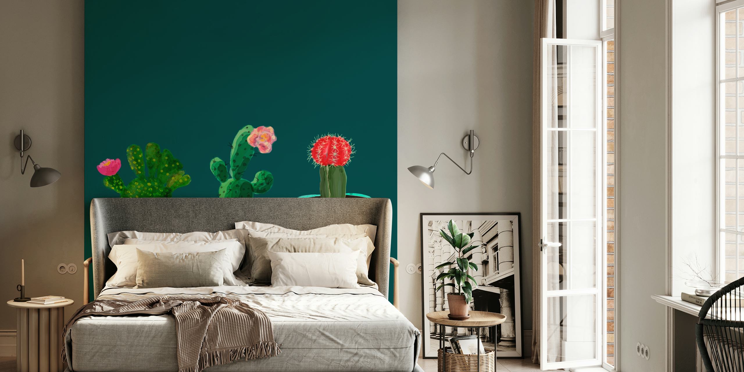 Three cacti in pots with polka dots on a dark green wallpaper