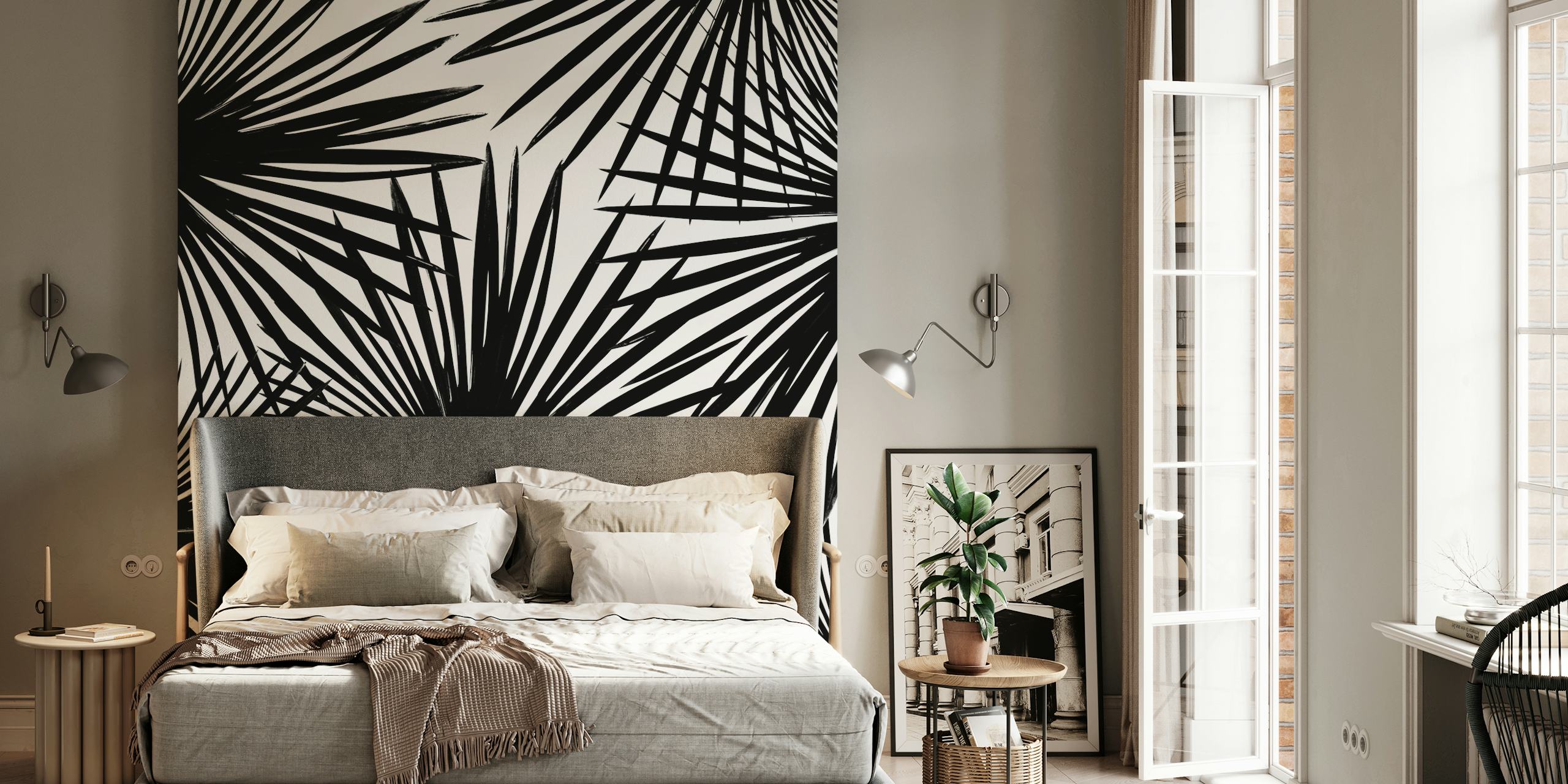 Black palm leaves pattern on white background wallpaper