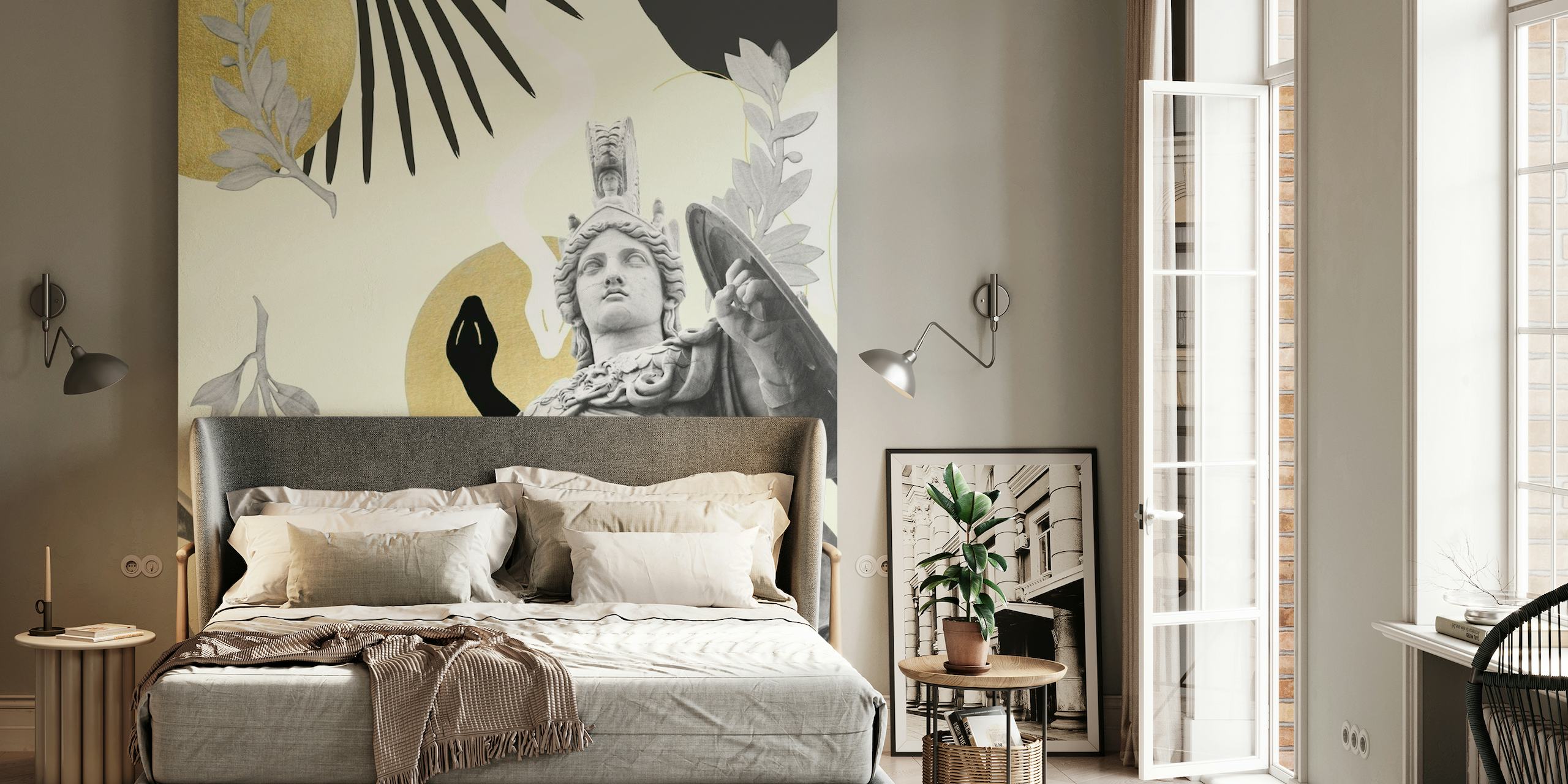 Athena Greek goddess-themed wall mural with botanical motifs and gold accents