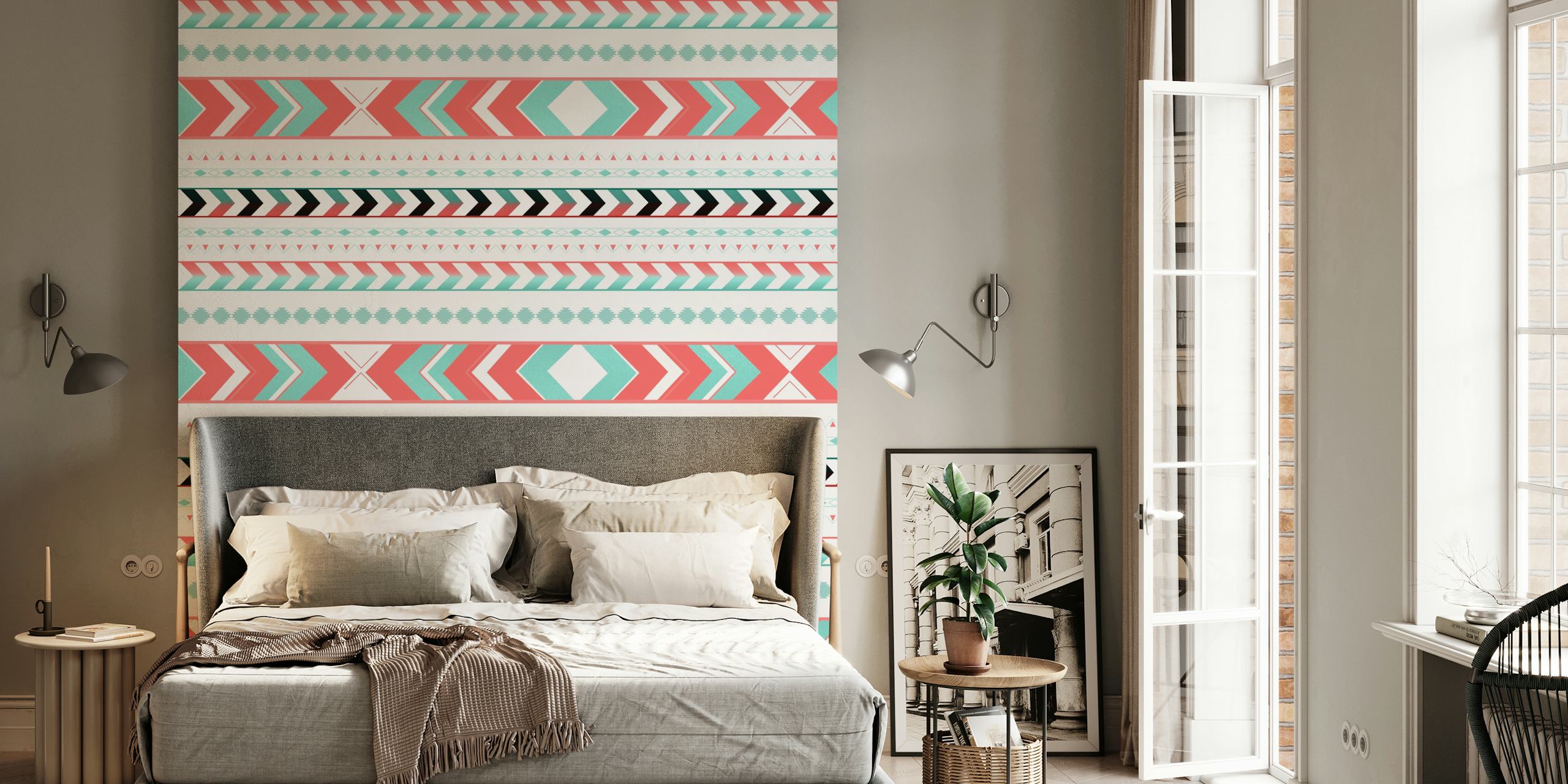 Tribal arrow pattern in coral, mint, and black on white wallpaper