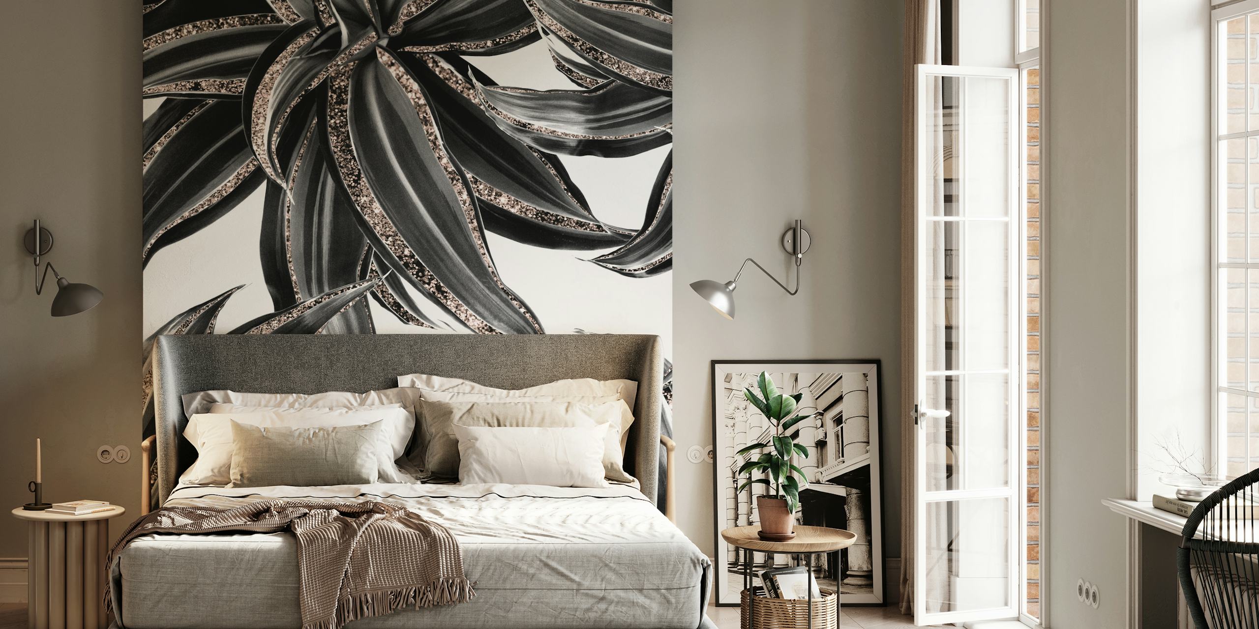 Tropical Leaves Rose Gold wallpaper in a room