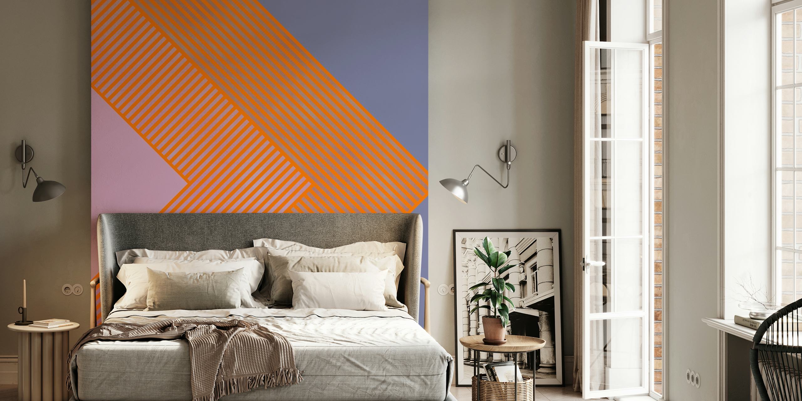Fototapeta Mid Century Stripes Orange s dynamickými oranžovými linkami na pastelovém pozadí
