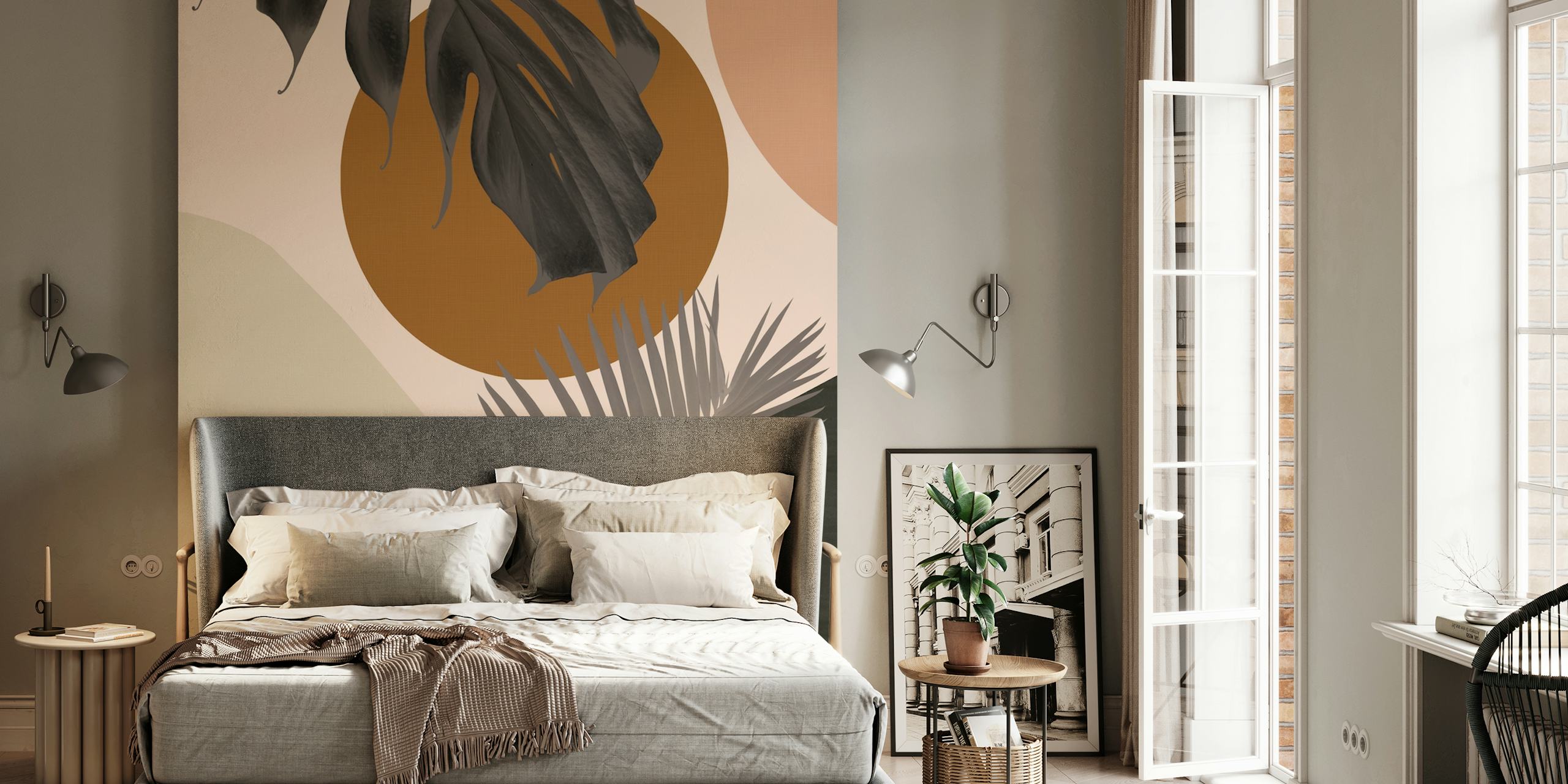 Intertwined palm leaves wallpaper in a room