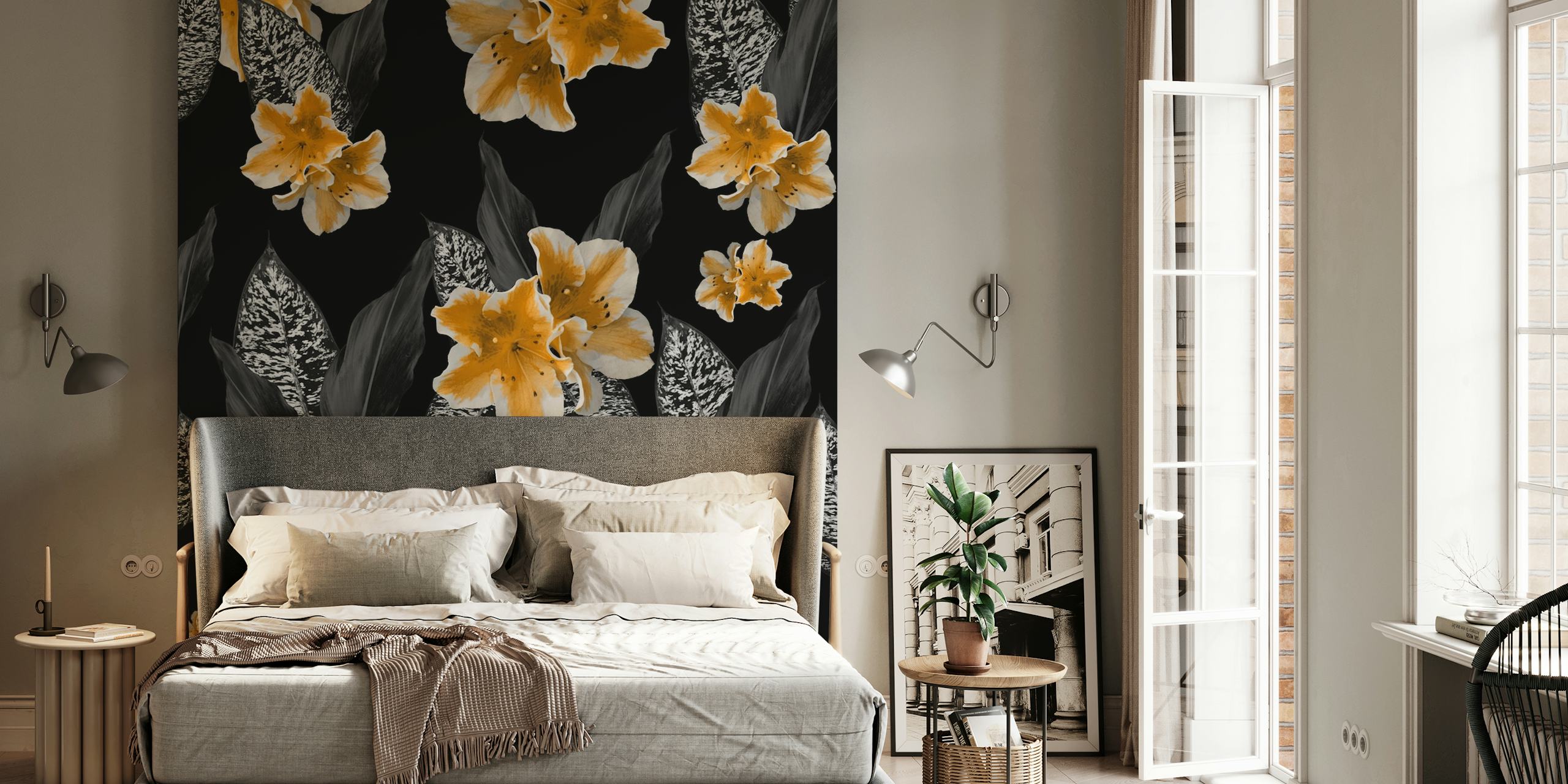 Black floral wallpaper with yellow blossoms and leaves