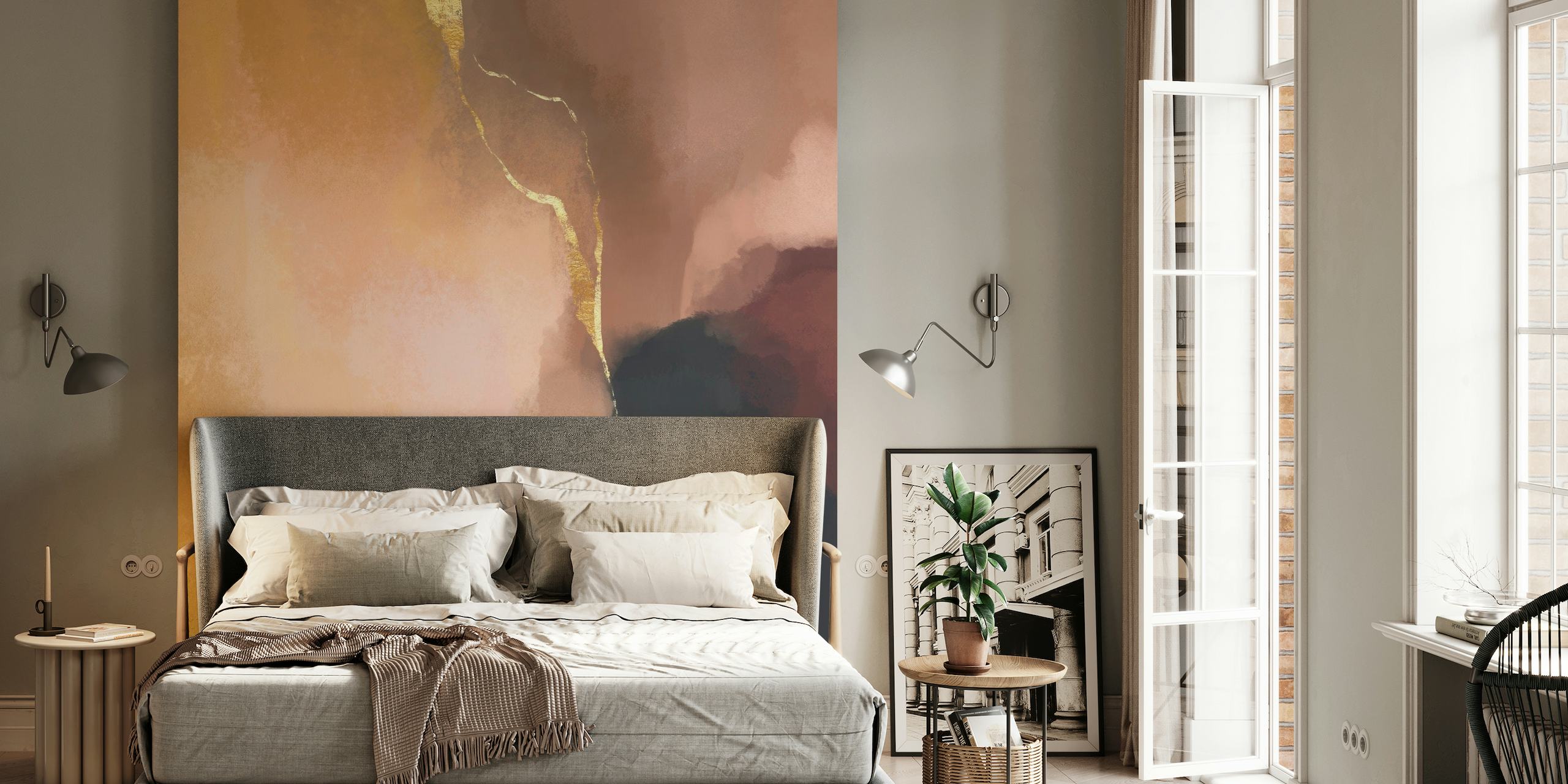 Abstract 'Stay Calm' wall mural in amber, gold, and blush tones with charcoal accents